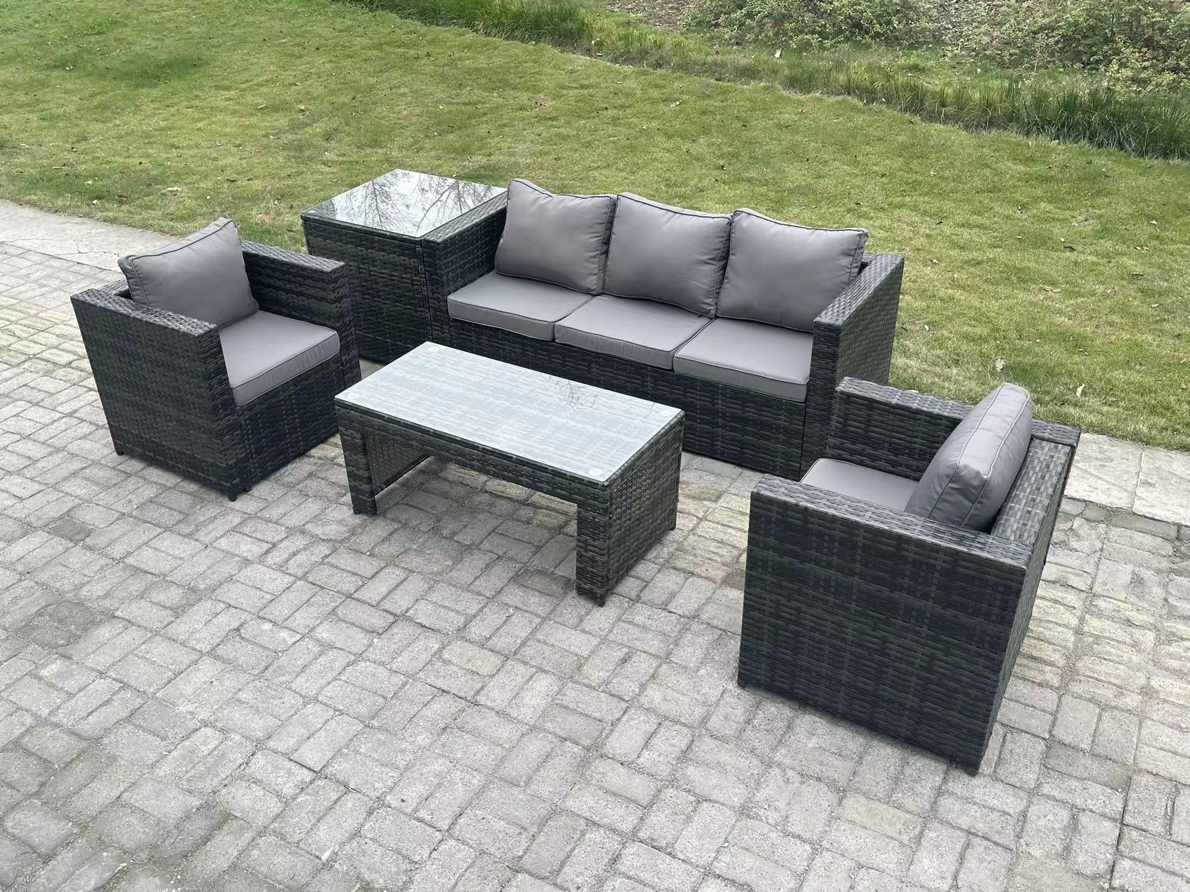 GARTENMÖBELSET mit Couchtisch Polyrattan 5-Sitzer - Dunkelgrau/Grau, Glas/Kunststoff - Fimous