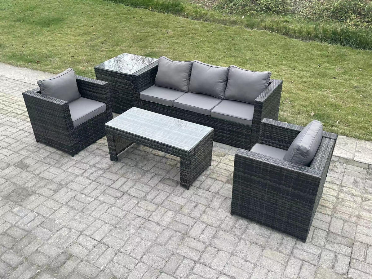 GARTENMÖBELSET mit Couchtisch Polyrattan 5-Sitzer - Dunkelgrau/Grau, Glas/Kunststoff - Fimous