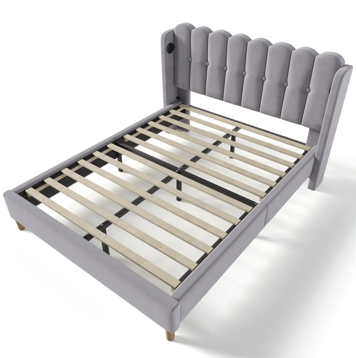 POLSTERBETT aus Leinen 160 x 200 cm in Grau mit USB & Matratze - Grau, Textil (160/200cm) - Modfu