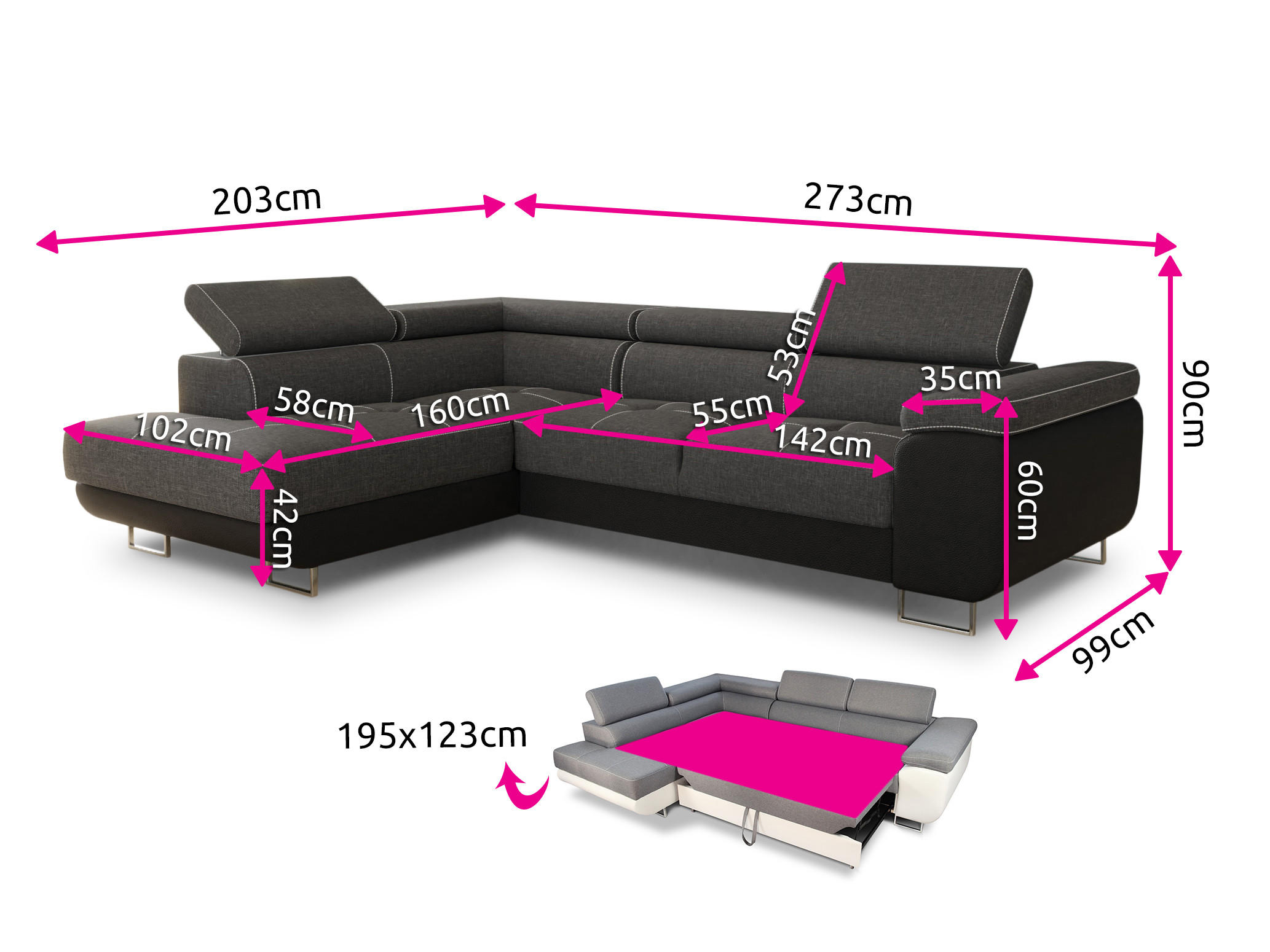 Thumbnail - Sofnet Ecksofa, Blau, Textil, 5-Sitzer, Ottomane links, L-Form,Rechteckig, 273x203 cm, Wohnzimmer, Sofas & Couches, Wohn...