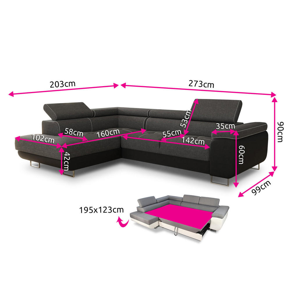 Thumbnail - Sofnet Ecksofa, Hellgrau, Schwarz, Textil, 5-Sitzer, Ottomane rechts, L-Form,Rechteckig, 273x203 cm, Wohnzimmer, Sofas &...