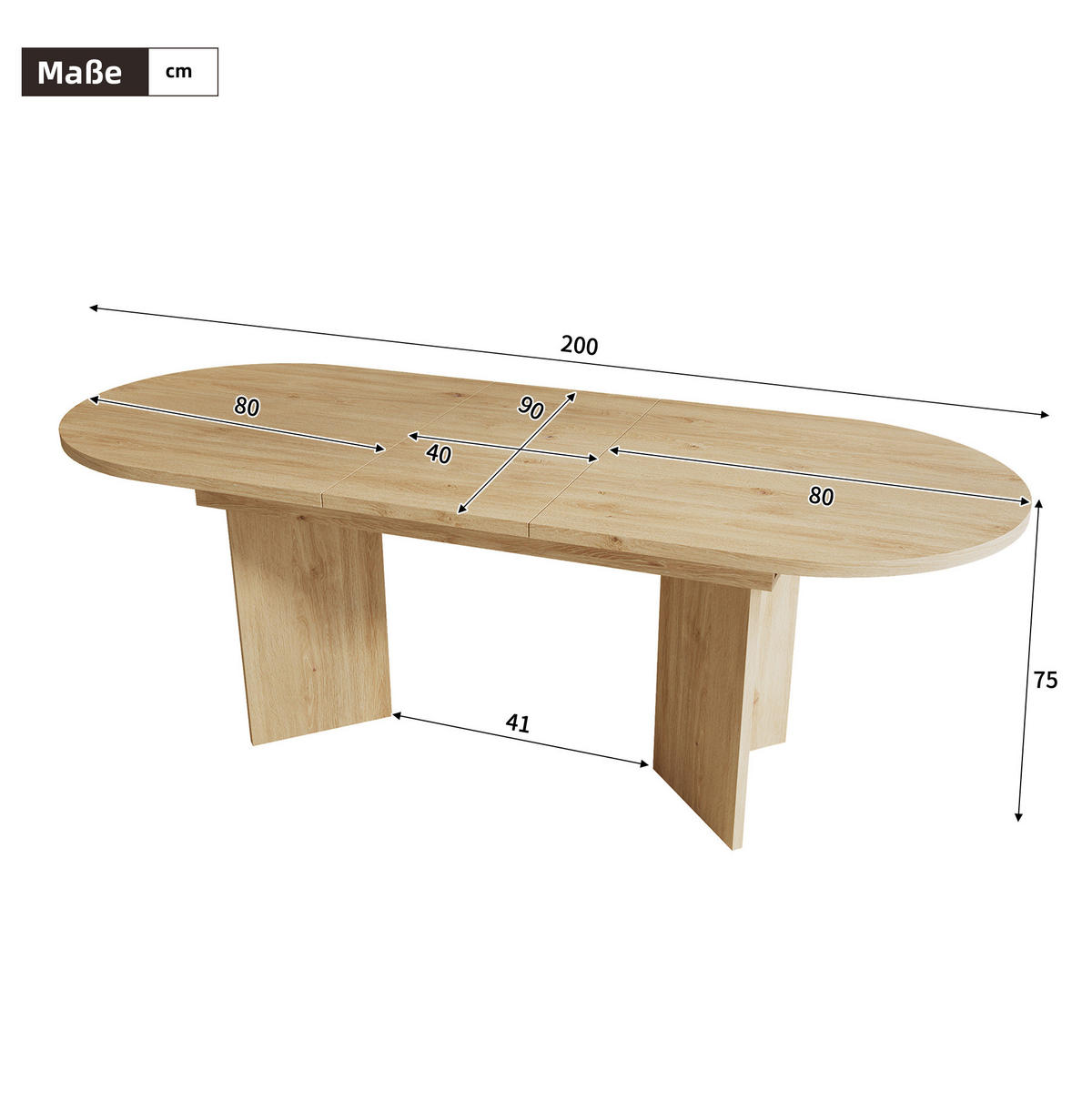ESSTISCH 160/200/90 cm Eiche aus MDF ausziehbar mit abgerundeten Ecken - Eichefarben, Holzwerkstoff (200/90/75cm) - OKWISH