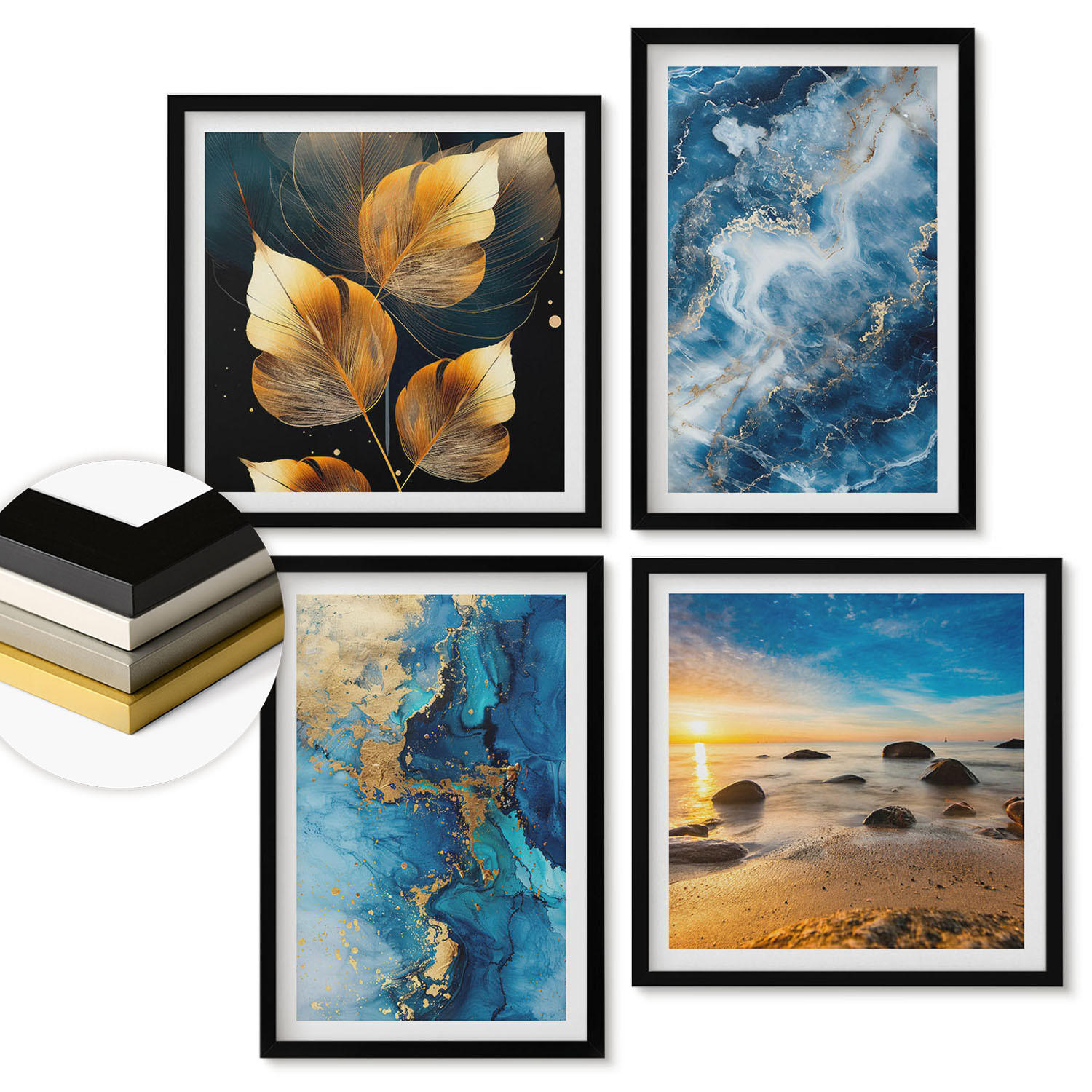 WANDBILDER 4er-Set - 50x50 cm & 40x60 cm Schwarzer Rahmen - Bilder mit blau-goldenen Mustern - Schwarz, Kunststoff (50/50cm) - ArtPrintCave