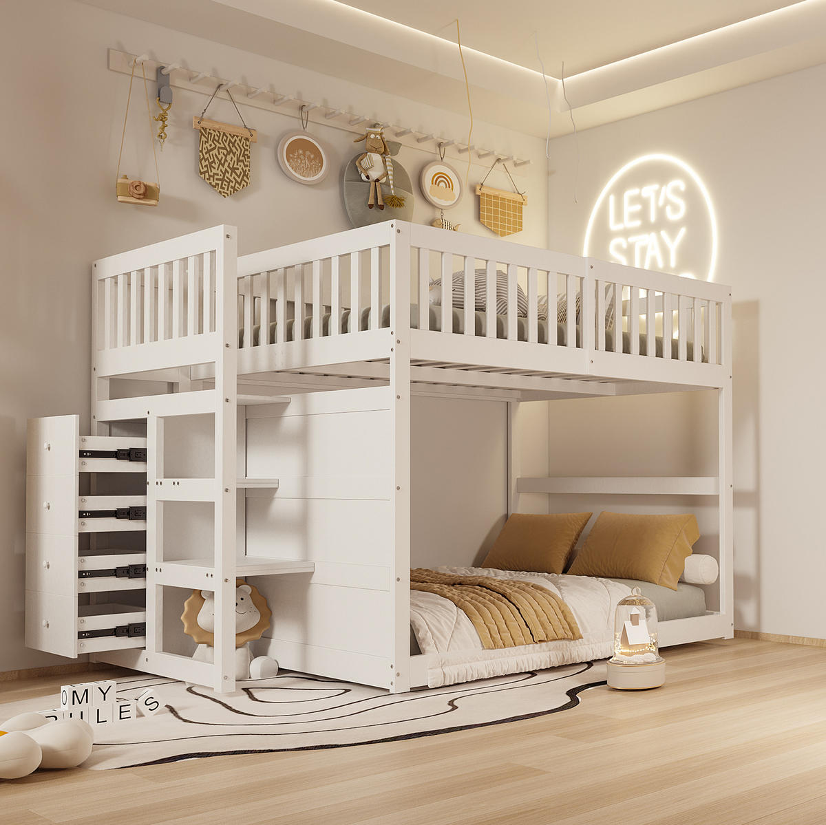 ETAGENBETT Niedriges 140/200 cm weiß mit Staufach und hohem Zaun-Design - Weiß, Holz (140/200cm) - OKWISH