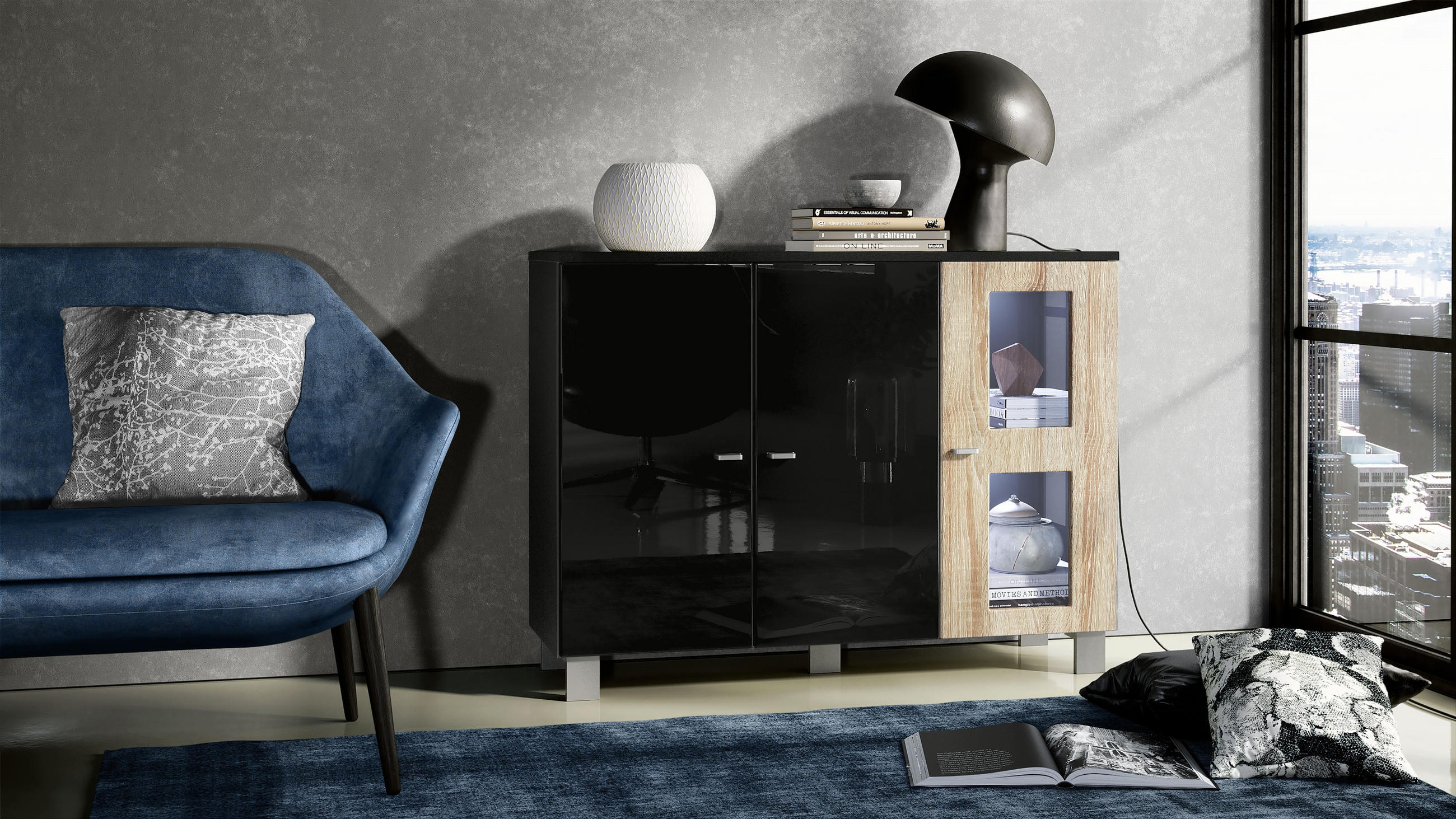 SIDEBOARD Denjo Tür in Eiche sägerau - Eiche San Remo, Holzwerkstoff (107/81/35cm) - Vladon