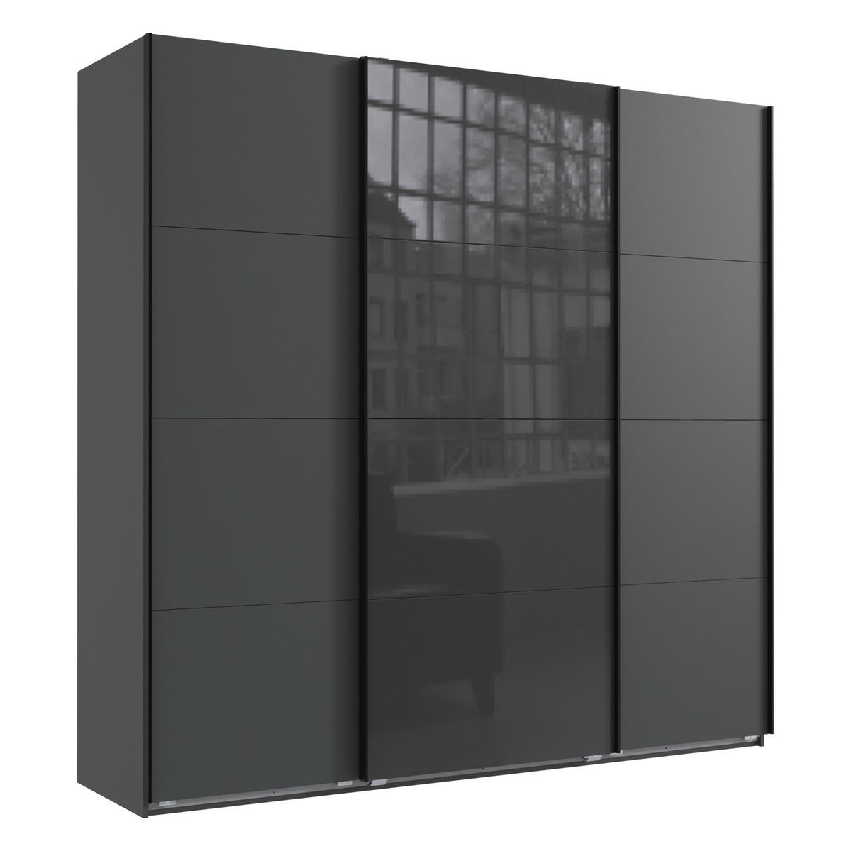 SCHWEBETÜRENSCHRANK 3-türig extrahoch in Grafit, eine Tür mit Glasfront Grau, B225/H236/T64 cm / 22544 - Schwarz/Graphitfarben, Holzwerkstoff/Metall (225/236/64cm) - luma-home