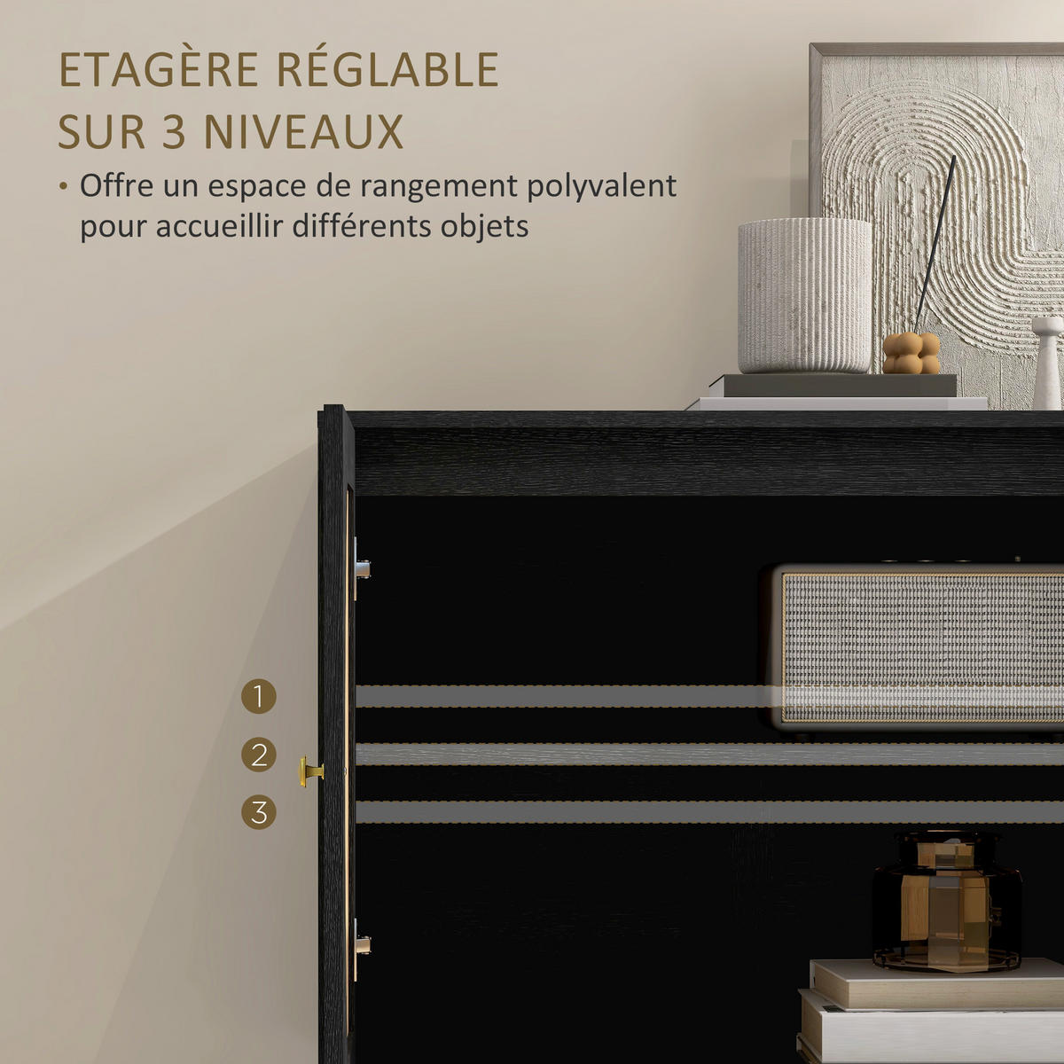 SIDEBOARD DE-11084 Boho-Design mit 2 Türen & Rattan-Front Schwarz - Schwarz, Holzwerkstoff (80/79/38cm) - ComfortXL