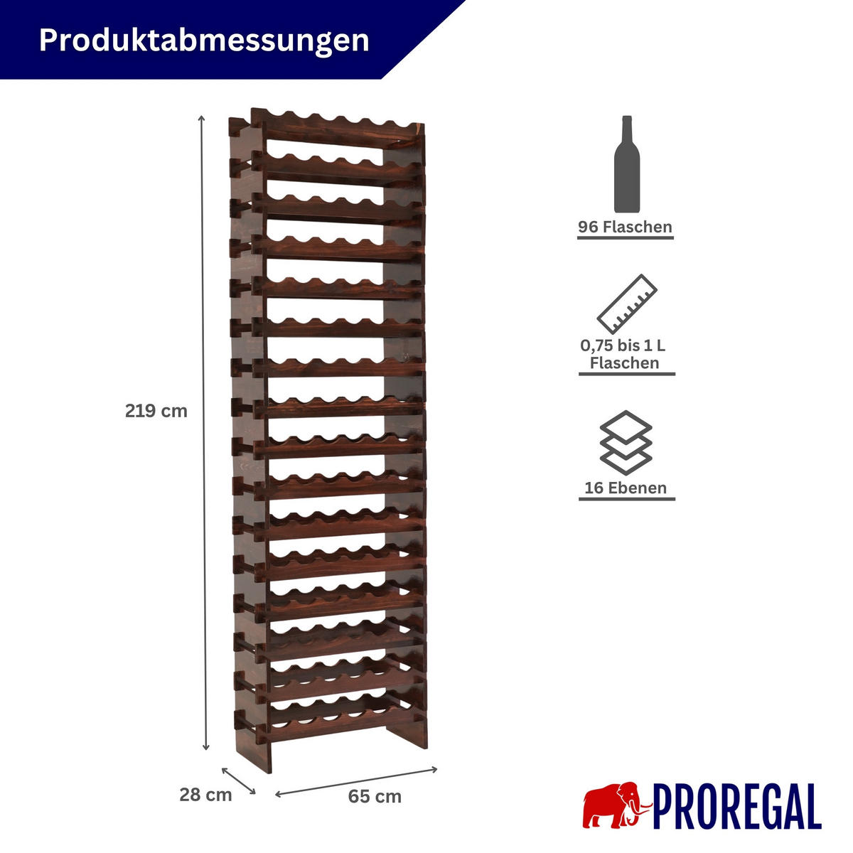 WEINREGAL NAVARRA aus Holz 219x65x28cm 96 Flaschen auf 16 Ebenen Braun geölt - Braun, Holz (65/219/28cm) - PROREGAL