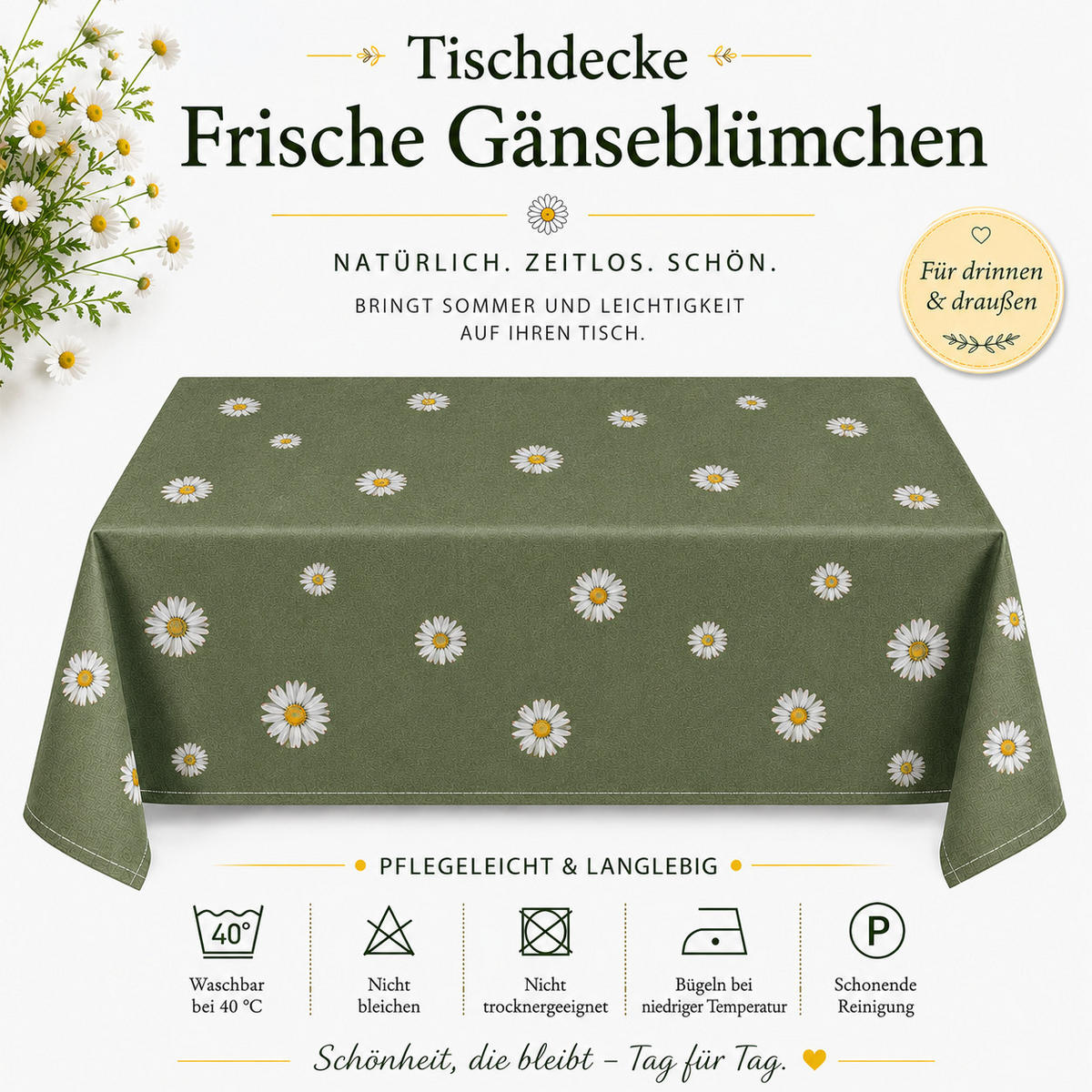 TISCHDECKE 130/170 cm Oliv rechteckig Gänseblümchen - Olivgrün, Textil (130/170cm) - TiborTex