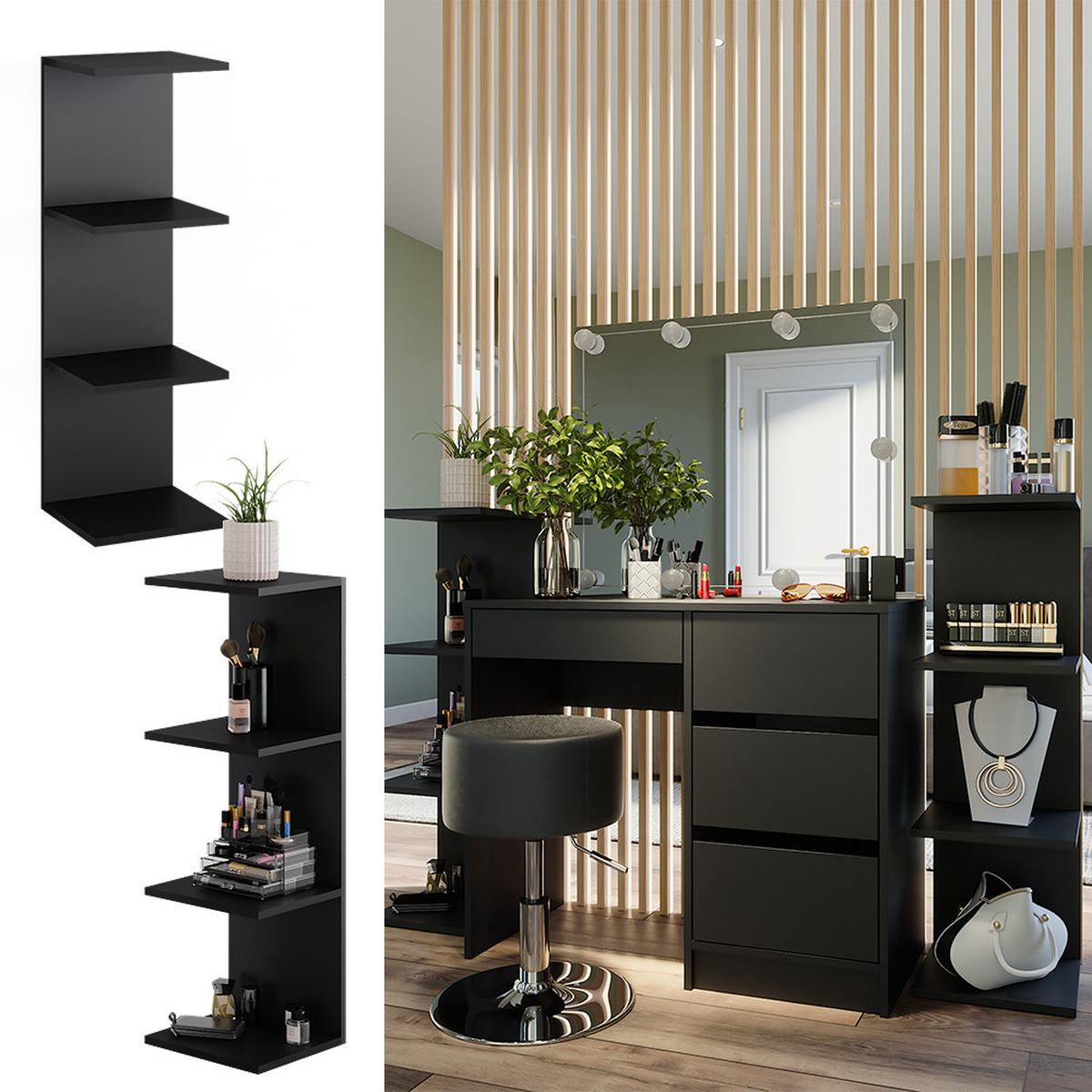 WANDREGAL Paolo Schwarz 30 x 95 cm 2er Set - Schwarz, Holzwerkstoff (30/95/28cm) - Vicco