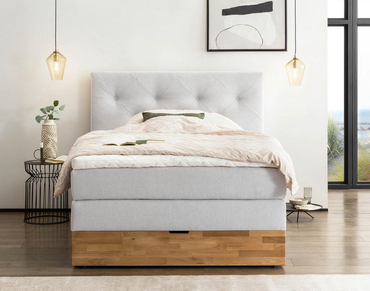 BOXSPRINGBETT MARBO 140x200 Weissgrau H2 und H3 mit Bettkasten 7-Zonen Taschenfederkern Matratze inkl. Visco Topper und Eiche - Weiß, Textil (140/200cm) - Belanoti