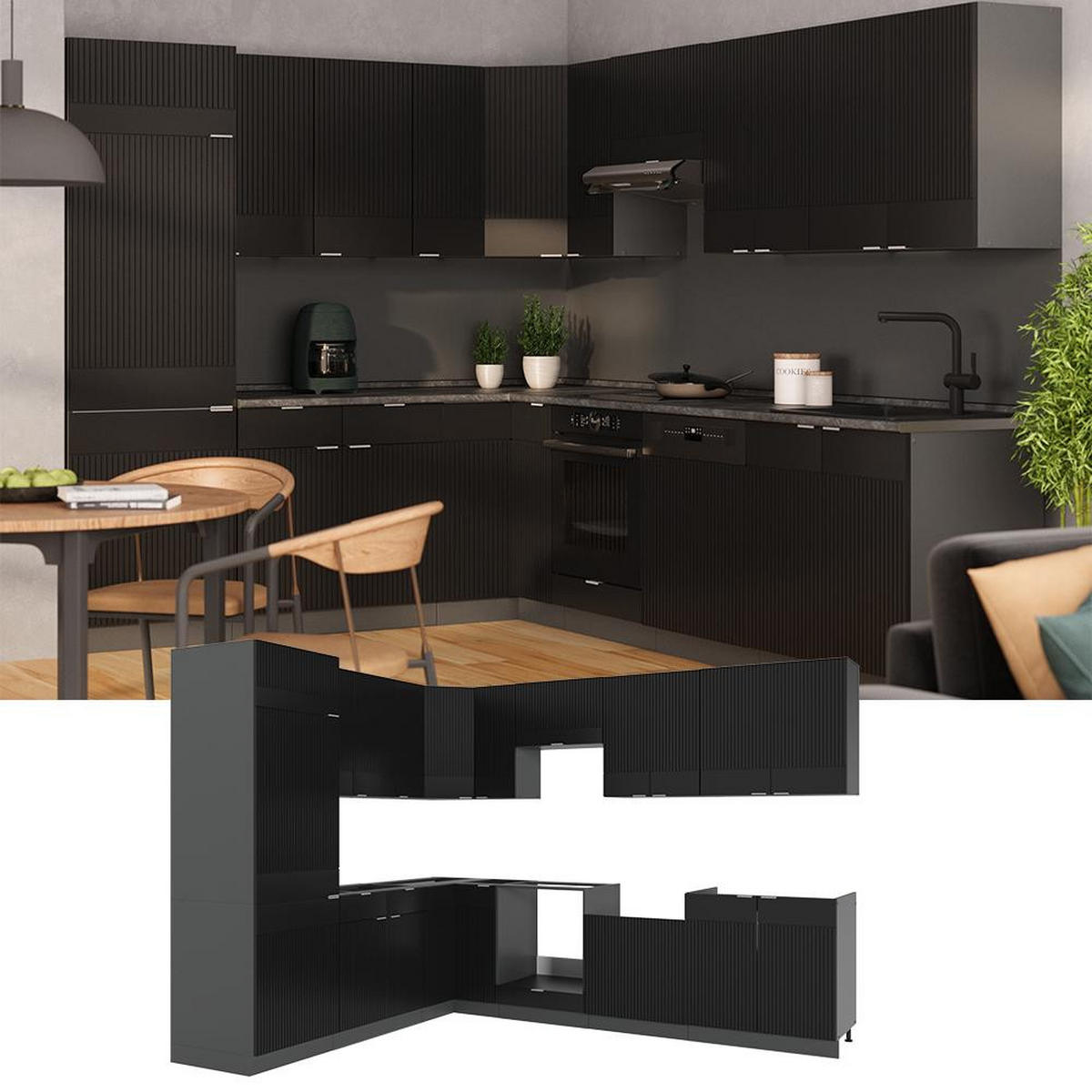 BUCĂTĂRIE DE COLȚ Fame-Line, dungi negre/antracit, 287 x 227 cm, AP Antracit - antracit/negru, compozit lemnos (287/206.8/60cm) - Vicco