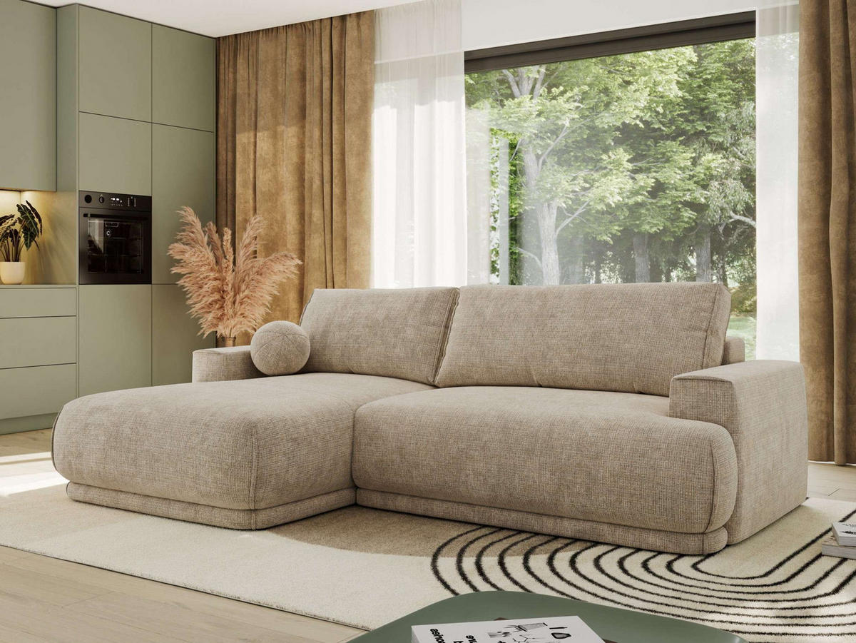ECKSCHLAFSOFA RINA L Beige Schenille grob gewebt - links - Beige/Schwarz, Kunststoff/Textil (267/170cm) - MKS