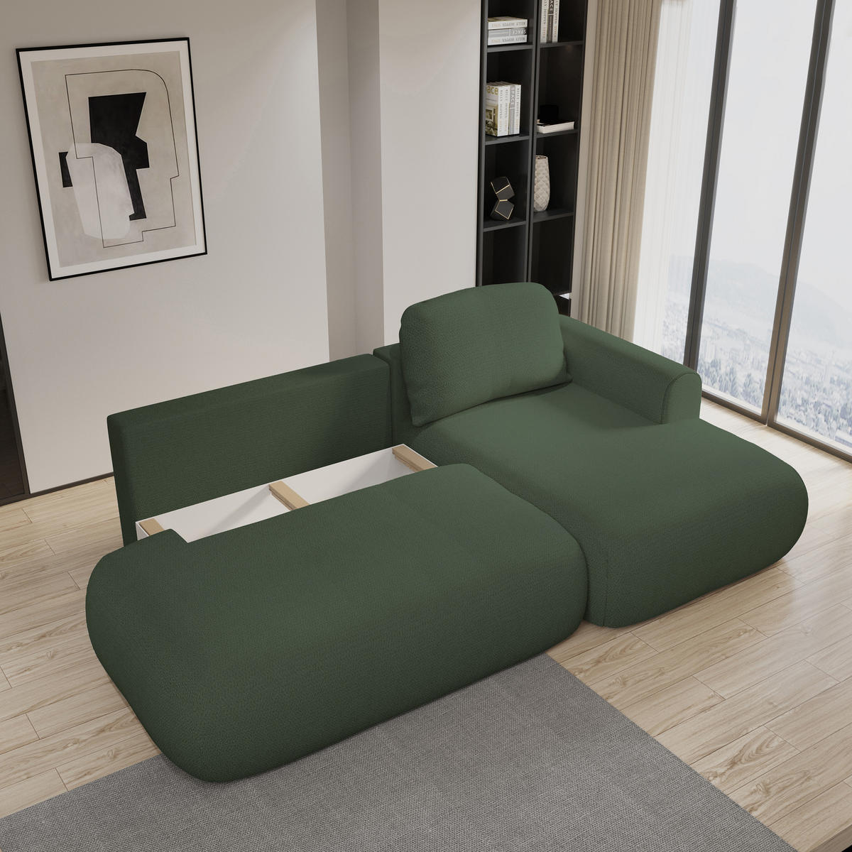 ECKSOFA NUVIRA R-S Grün Geflochtener Stoff mit Schlaffunktion - Grün, Holz (274/165cm) - MASSENO