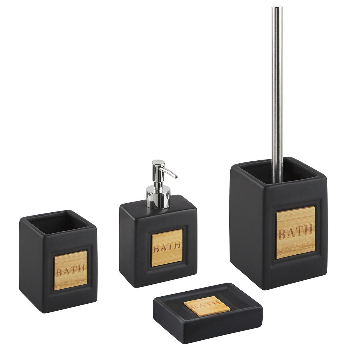 BADEZIMMER Set 4-teilig Keramik schwarz/heller Holzfarbton Kourou - Hellbraun/Schwarz, Stein (9/16/6cm) - Beliani