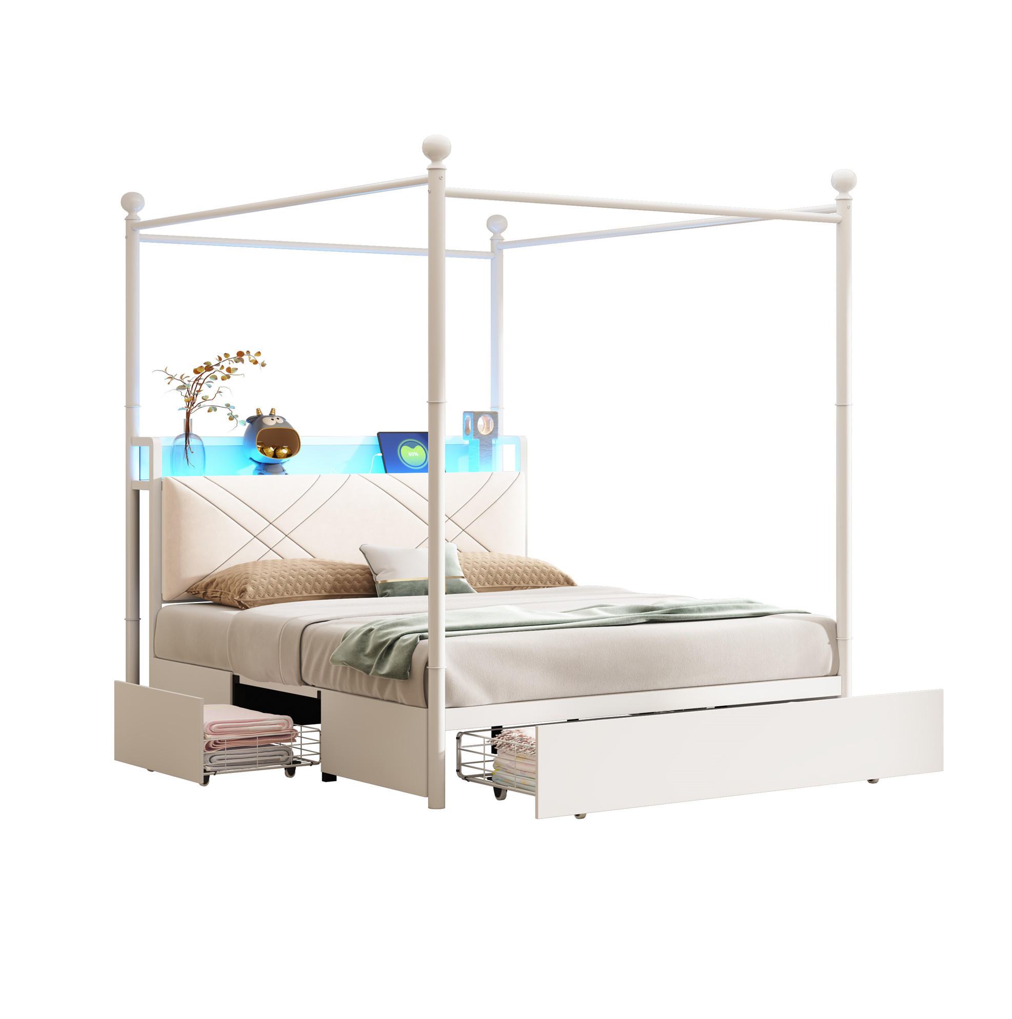 POSTEL s nebesy 140/190 cm bílá z kovu s LED osvětlením USB/Type-C a úložným prostorem - bílá, kov (140/190cm) - OKWISH