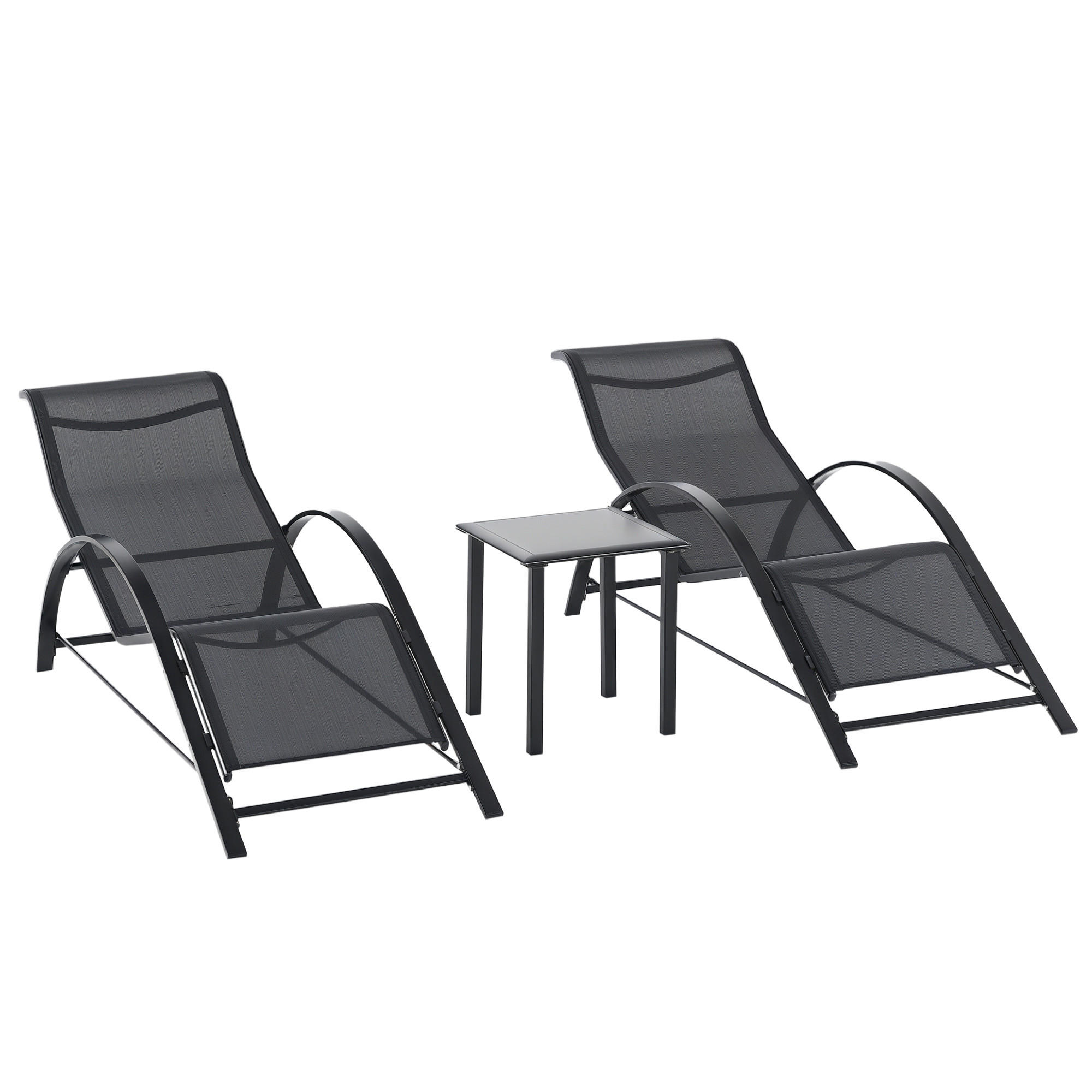 SONNENLIEGE 2er-Set Garten mit Beistelltisch aus gehärtetem Glas ,mit Rücken- und Armlehnen,59*169*66 cm ,Schwarz - Schwarz, Metall (169/66/59cm) - Vallsero