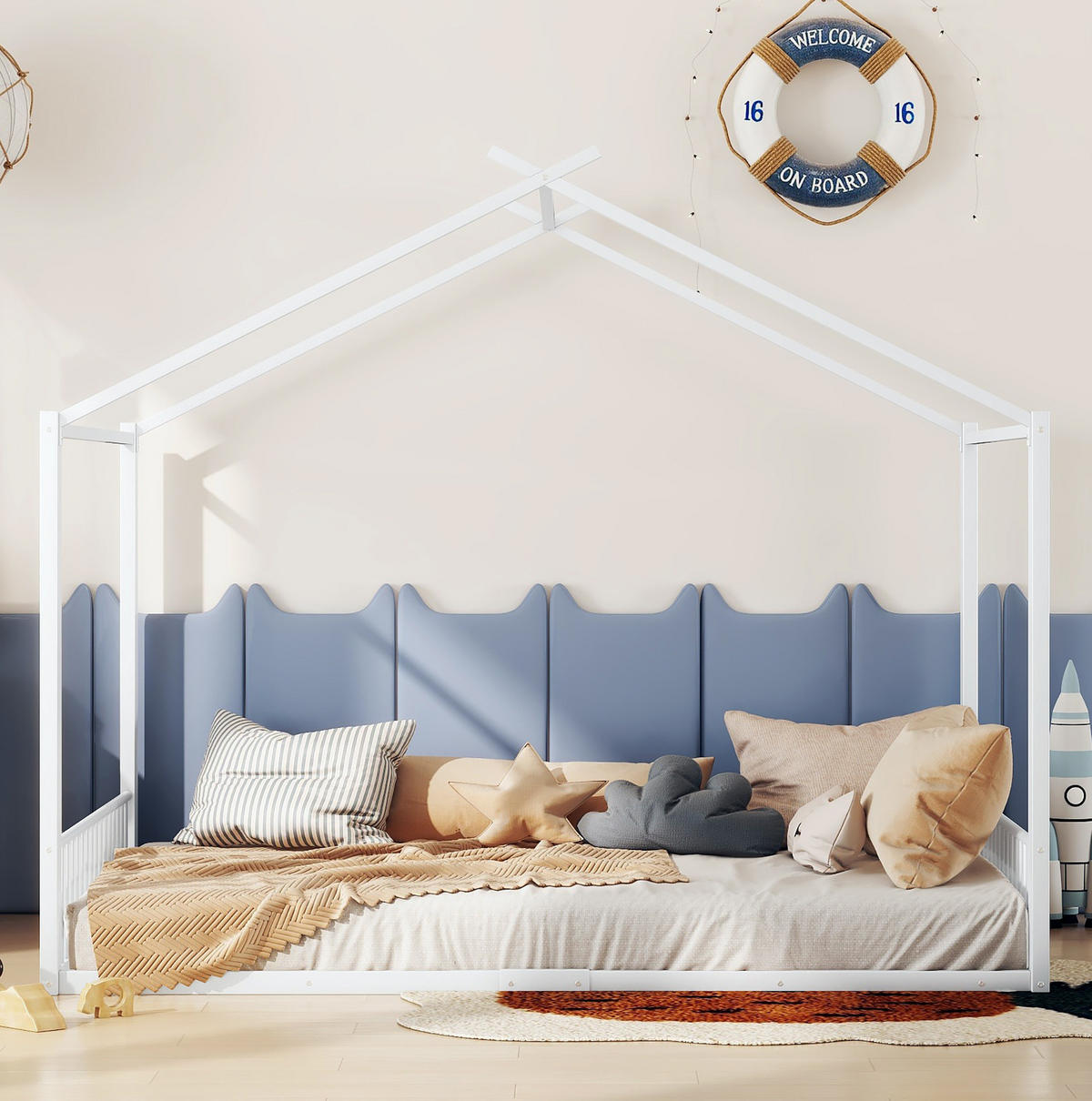 HAUSBETT aus Metall 140x200 cm Weiß in Hausform, stabile Konstruktion und pflegeleicht - Weiß, Metall (140/200cm) - Modfu