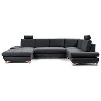 WOHNLANDSCHAFT CASA IV R-S Anthrazit Plüsch-Stoff mit Schlaffunktion - Anthrazit, Holz (344/100/199cm) - MASSENO