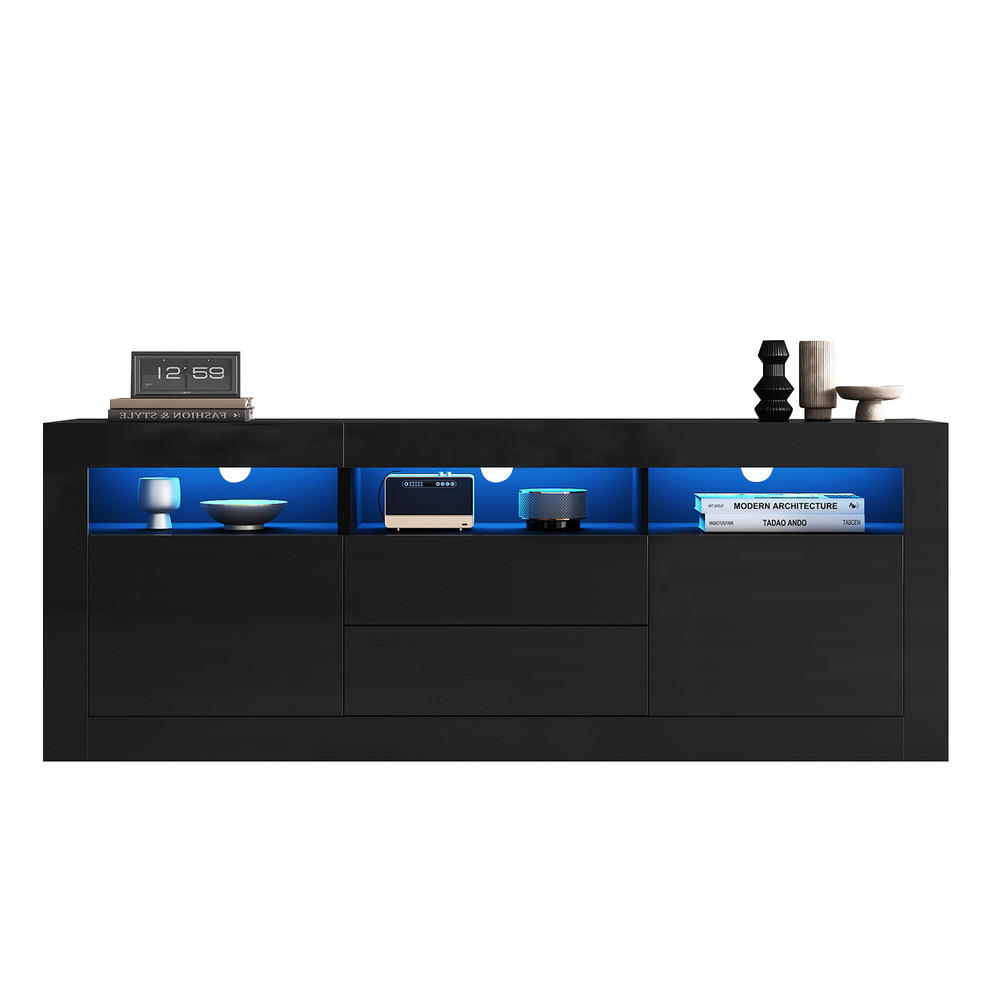 TV-SCHRANK 160x35cm Hochglanz LED-Beleuchtung 3 Fächer 2 Türen 2 Schubladen - Schwarz, Holz (44/22.5/70cm) - FLIEKS