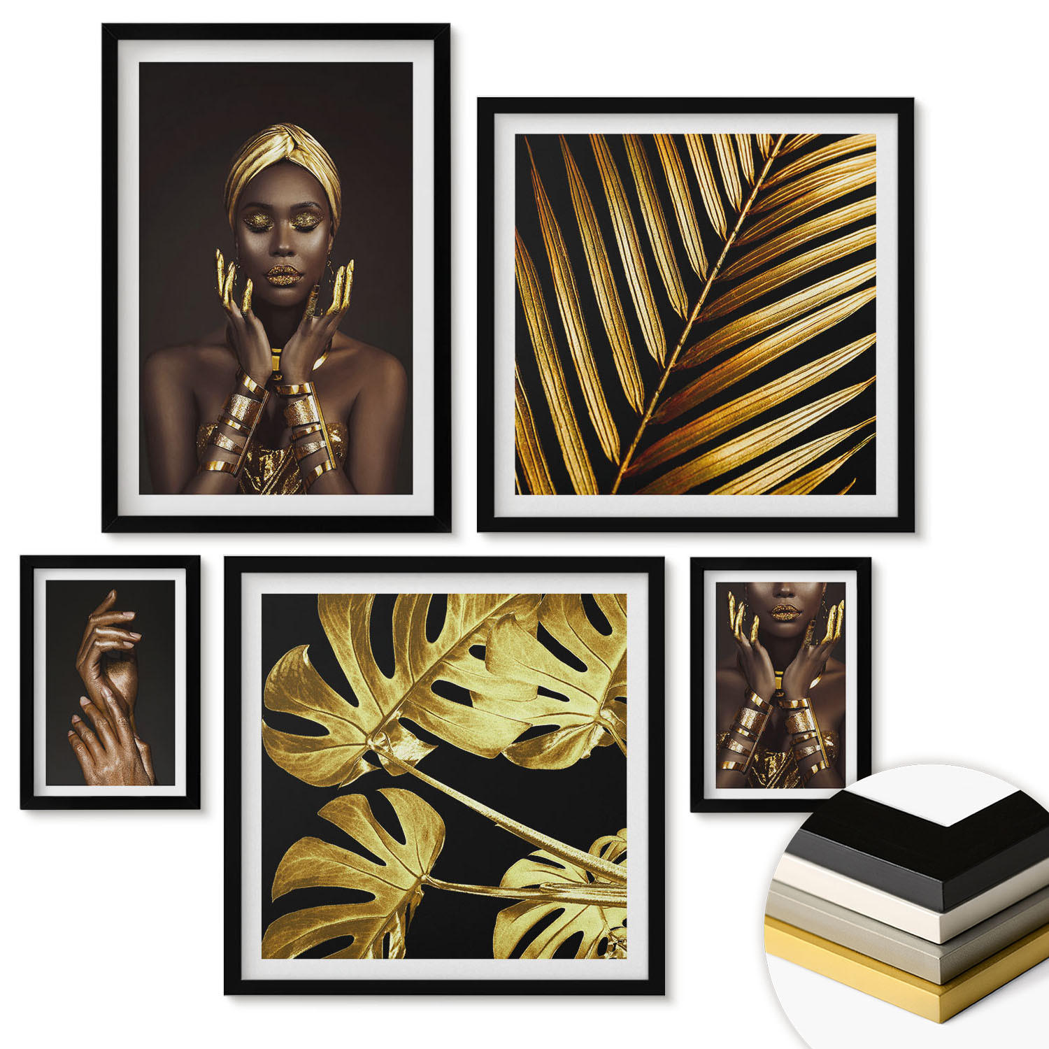 WANDBILDER 5er-Set - 50x50 cm & 20x30 cm & 40x60 cm Schwarzer Rahmen - Künstlerische Porträts von Frauen - Schwarz, Kunststoff (40/60cm) - ArtPrintCave