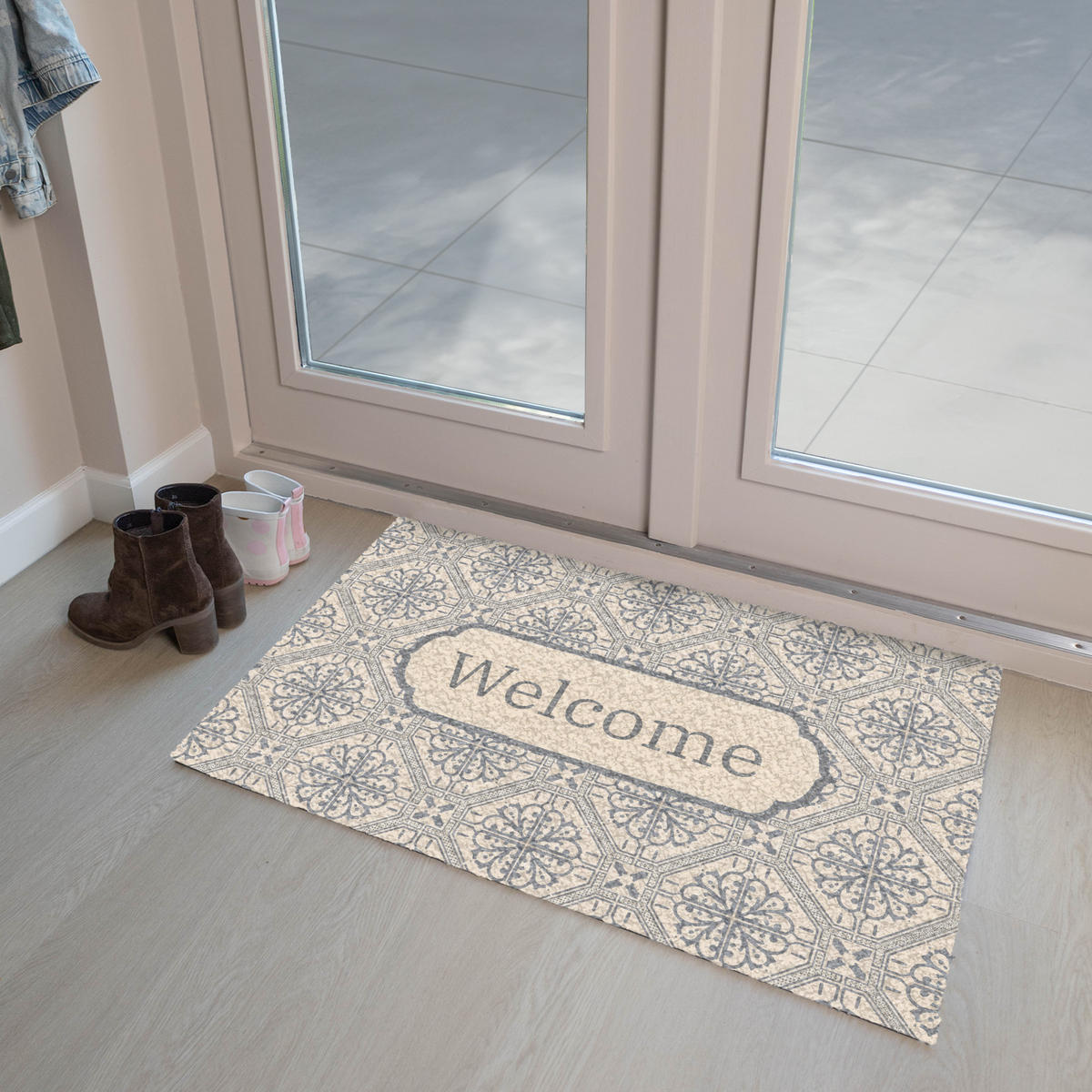 FUSSMATTE Willkommen - Klassisch - Grau 90x60 cm - Beige, Kunststoff (90/0.4cm) - MuchoWow