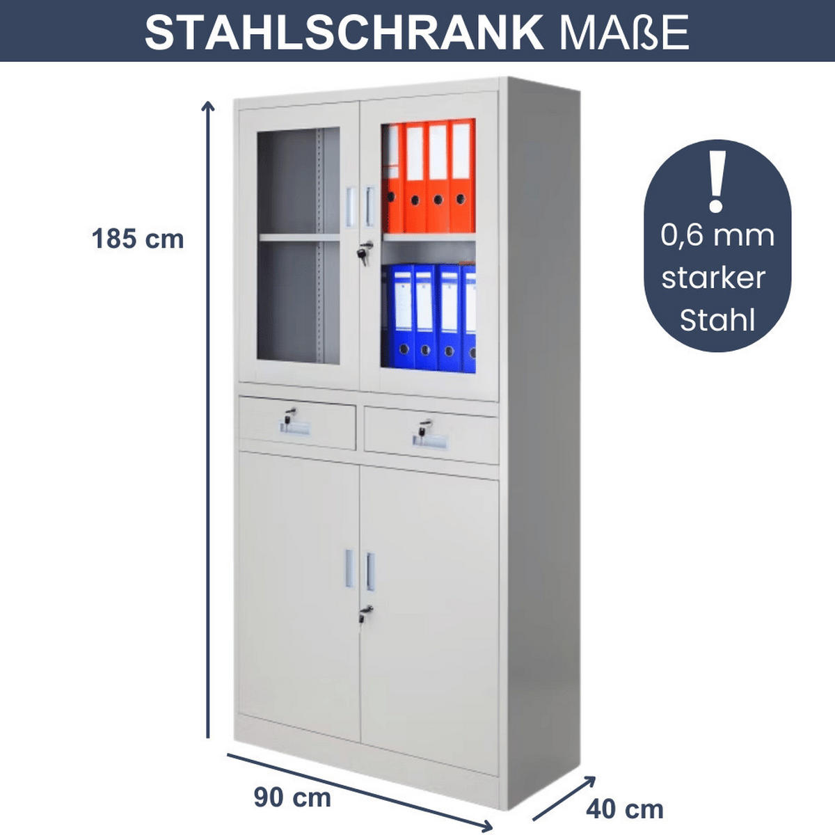 VITRINENSCHRANK abschließbar CENO mit Glastüren 185x90x40cm Grau - Grau, Metall (90/185/40cm) - DELUKE