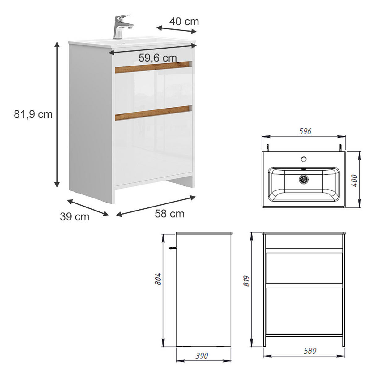 WASCHTISCHKOMBI Detmold, Weiß, 2 Teile, Unterschrank 60 cm - Weiß Hochglanz/Eiche Wotan, Holzwerkstoff (59.6/81.9/40cm) - Vicco