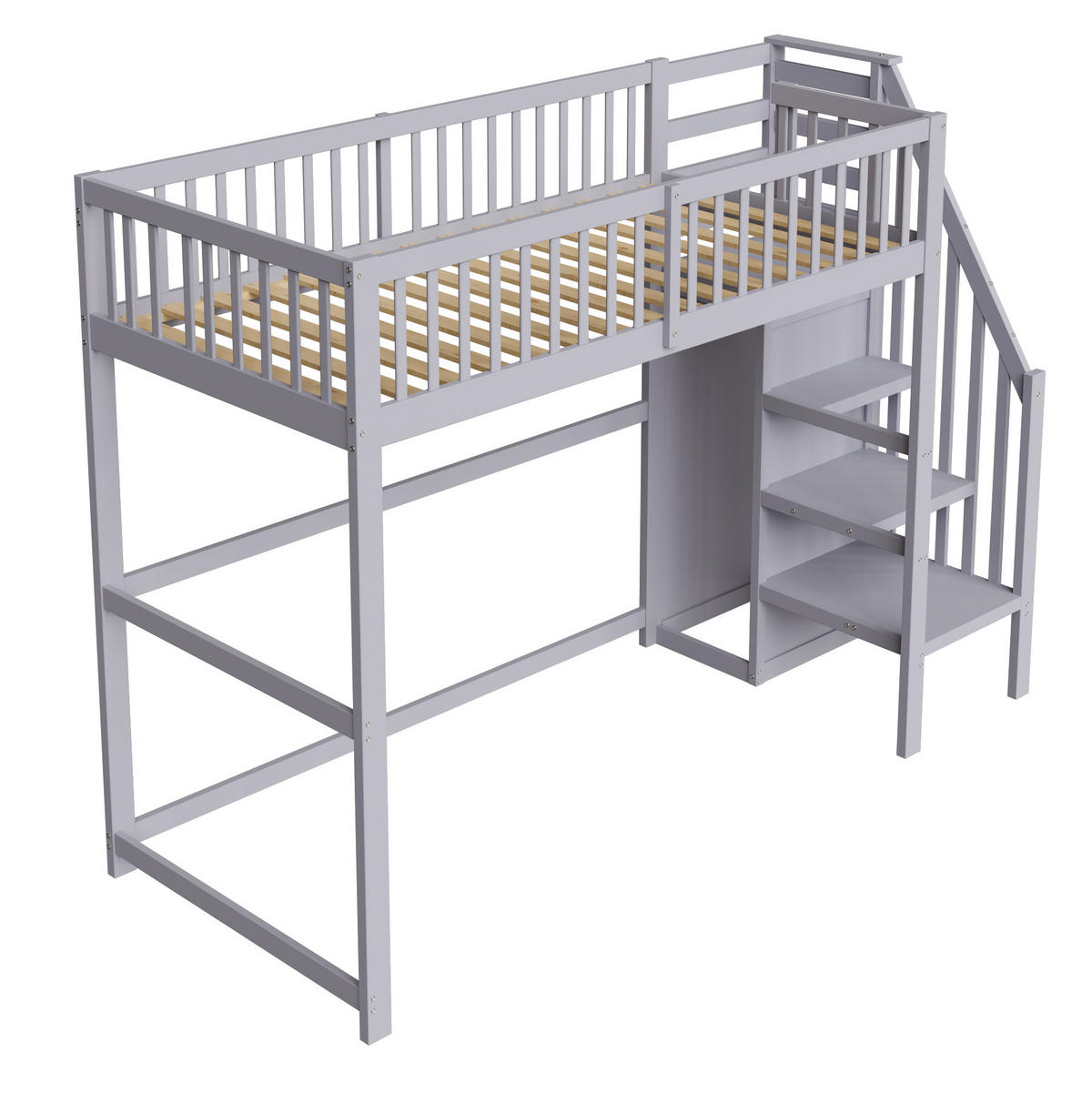 HOCHBETT mit Treppe und Kleiderschrank 90x200 cm Grau - Grau, Holzwerkstoff (90/200cm) - Beauniv