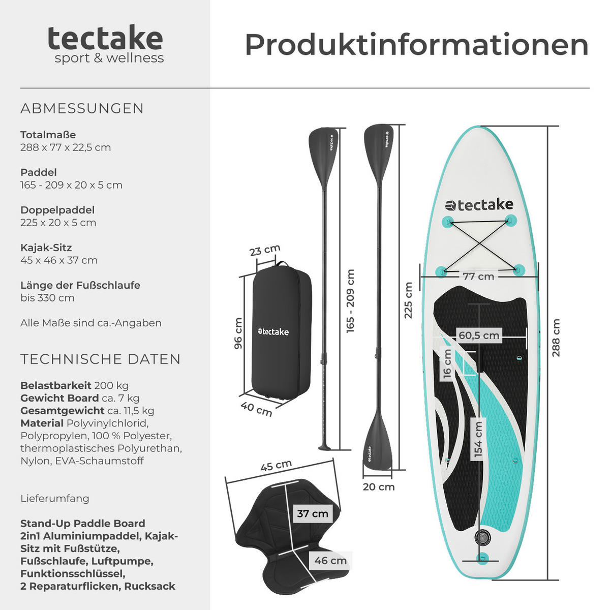 STAND-UP PADDLE BOARD ,288 x 77 x 22,5 cm,weiß/türkis - Weiß, Kunststoff (288/77/22.5cm) - tectake