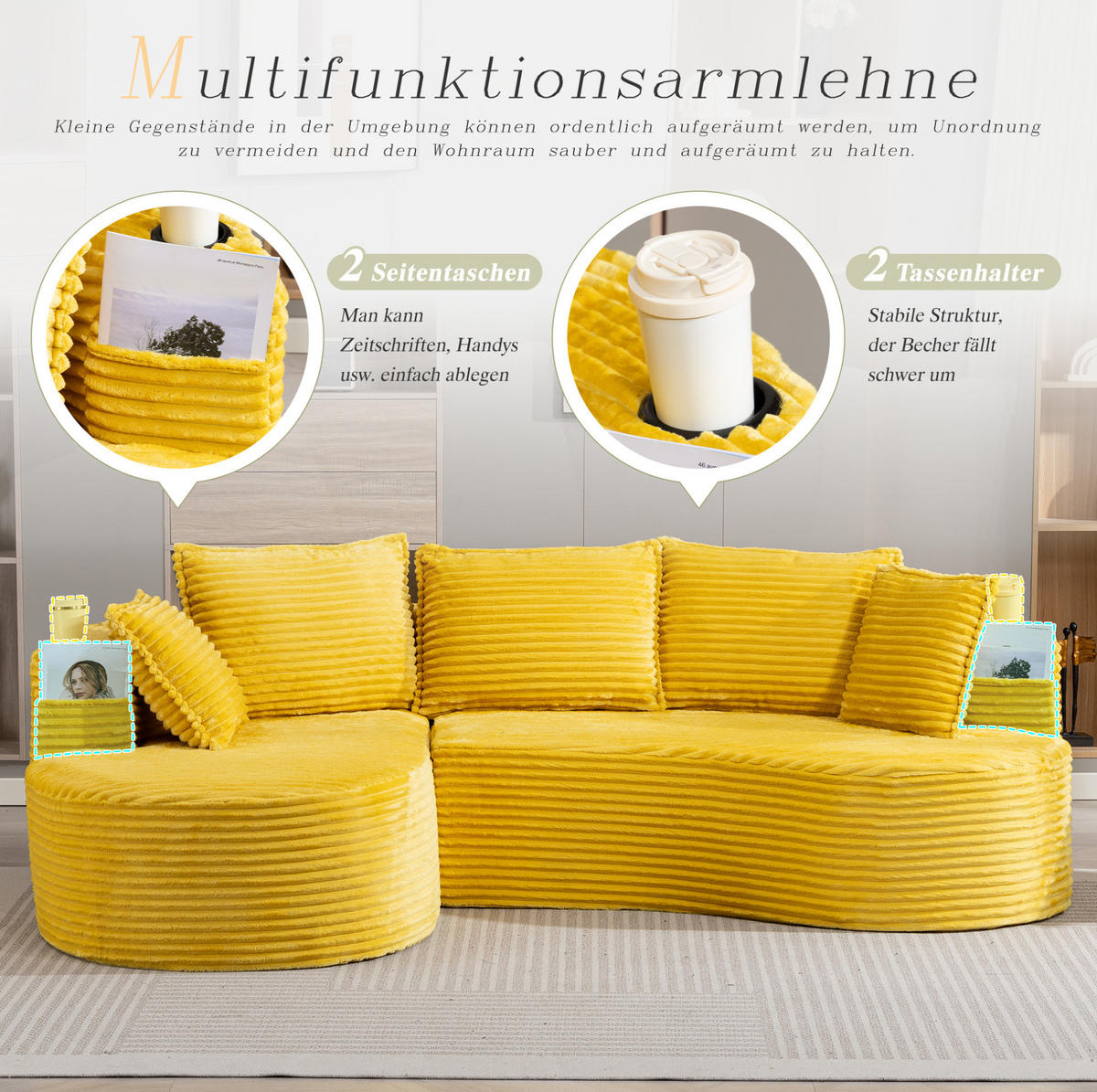 ECKSOFA aus Cord 250x152x82 cm Senfgelb mit Getränkehaltern, Seitentaschen und Kissen im modernen Bogendesign - Gelb, Textil (250/152cm) - Modfu