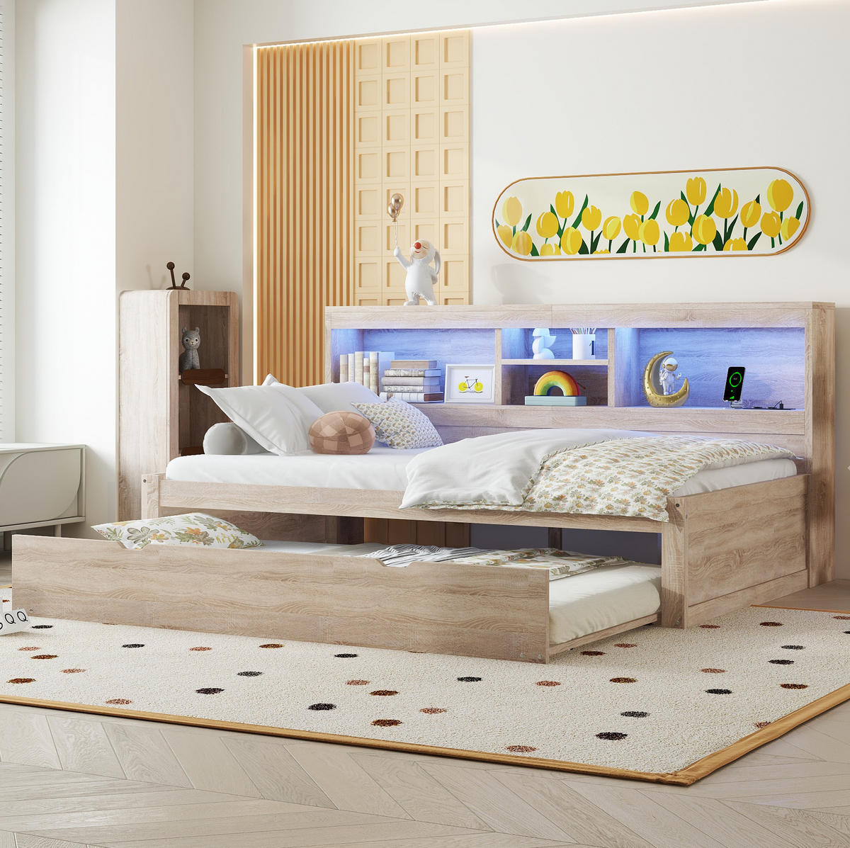 TAGESBETT 90/200 cm aus Holzwerkstoff mit LED-Beleuchtung, Ausziehbett, USB-Anschluss und Stauraum, Natur - Naturfarben, Holzwerkstoff (90/200cm) - Redom