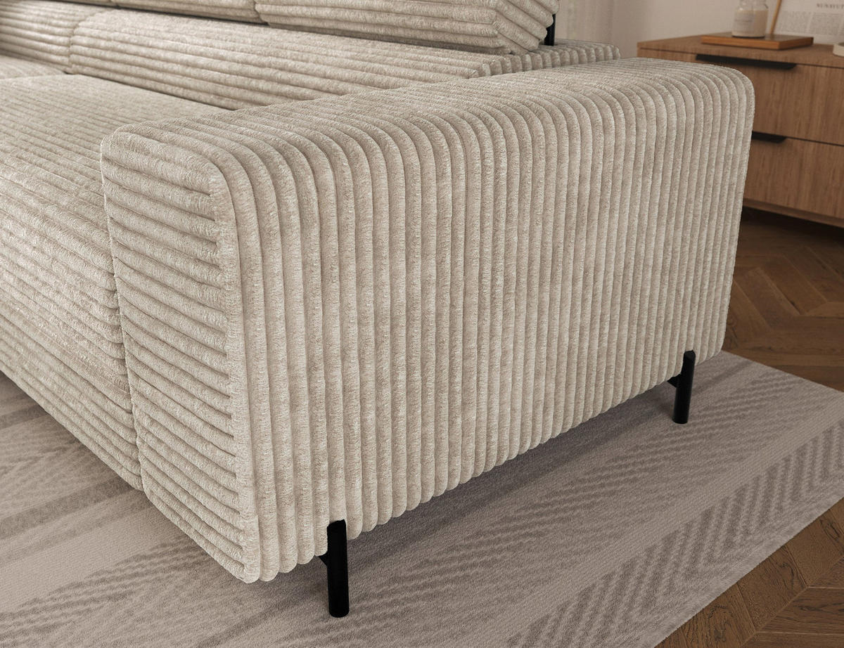 ECKSOFA COLESIO L-Form, Schlaffunktion, Bettkasten, verstellbare Kopfstützen, Wellenfederung, Metallfüße, breiter Cordstoff - Creme/Schwarz, Kunststoff/Metall (269/204cm) - Wohnideebilder