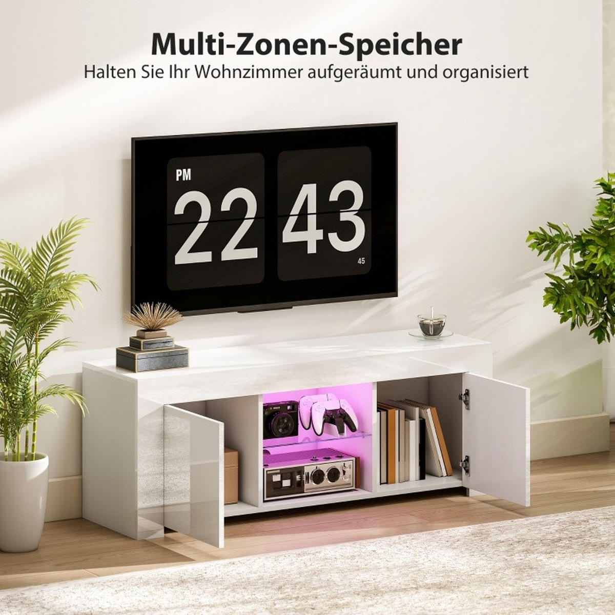 LOWBOARD 120/34/45 cm aus Glas und Holzwerkstoff mit LED-Beleuchtung Weiß - Weiß, Holzwerkstoff (120/45/34cm) - Modenvie