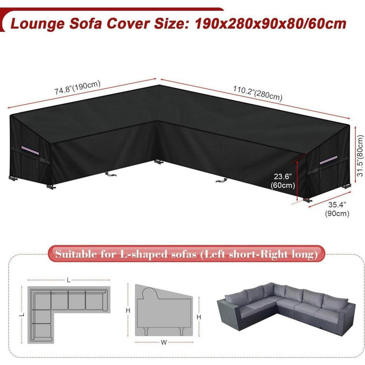 ABDECKHAUBE Loungemöbel L-Form 190x280x90x80/60cm Wasserdicht - Schwarz, Kunststoff (1/1/1cm)
