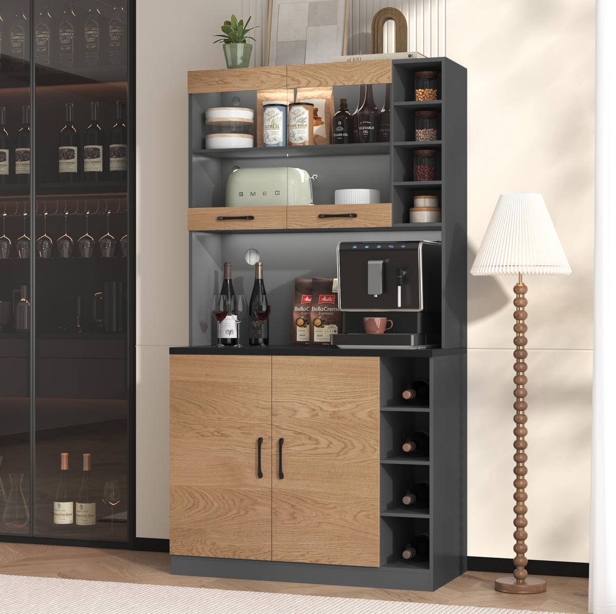 BUFFET 100/187/47 cm Grau/Natur aus MDF und Glas mit LED-Beleuchtung - Naturfarben, Holzwerkstoff (47/187/100cm) - OKMYHOME
