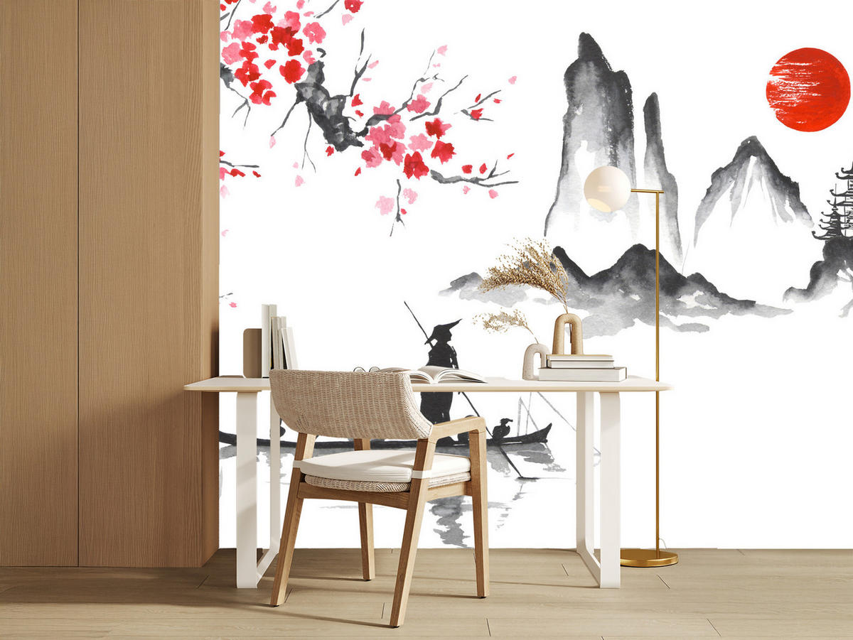 FOTOTAPETE Japanische Landschaft Aquarell 150x105 - Rot/Schwarz, Papier (150/105cm) - Muralo