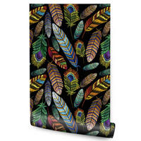 VLIESTAPETE Tropische Federn – Bunt, Schwarz – 50x1000 cm - Multicolor/Schwarz, Papier (50/1000cm) - Muralo