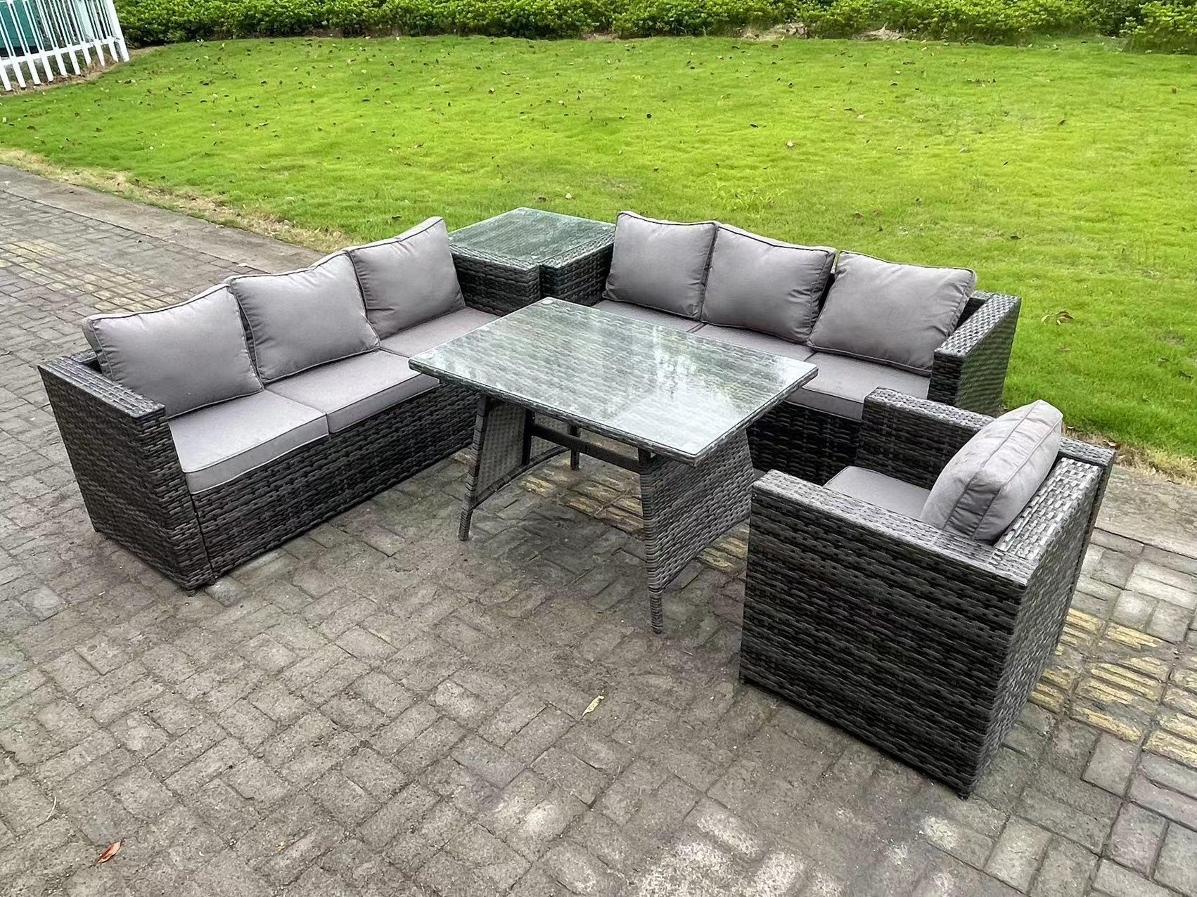 GARTENMÖBELSET mit Esstisch 7-Sitzer Grau - Dunkelgrau/Grau, Glas/Kunststoff - Fimous