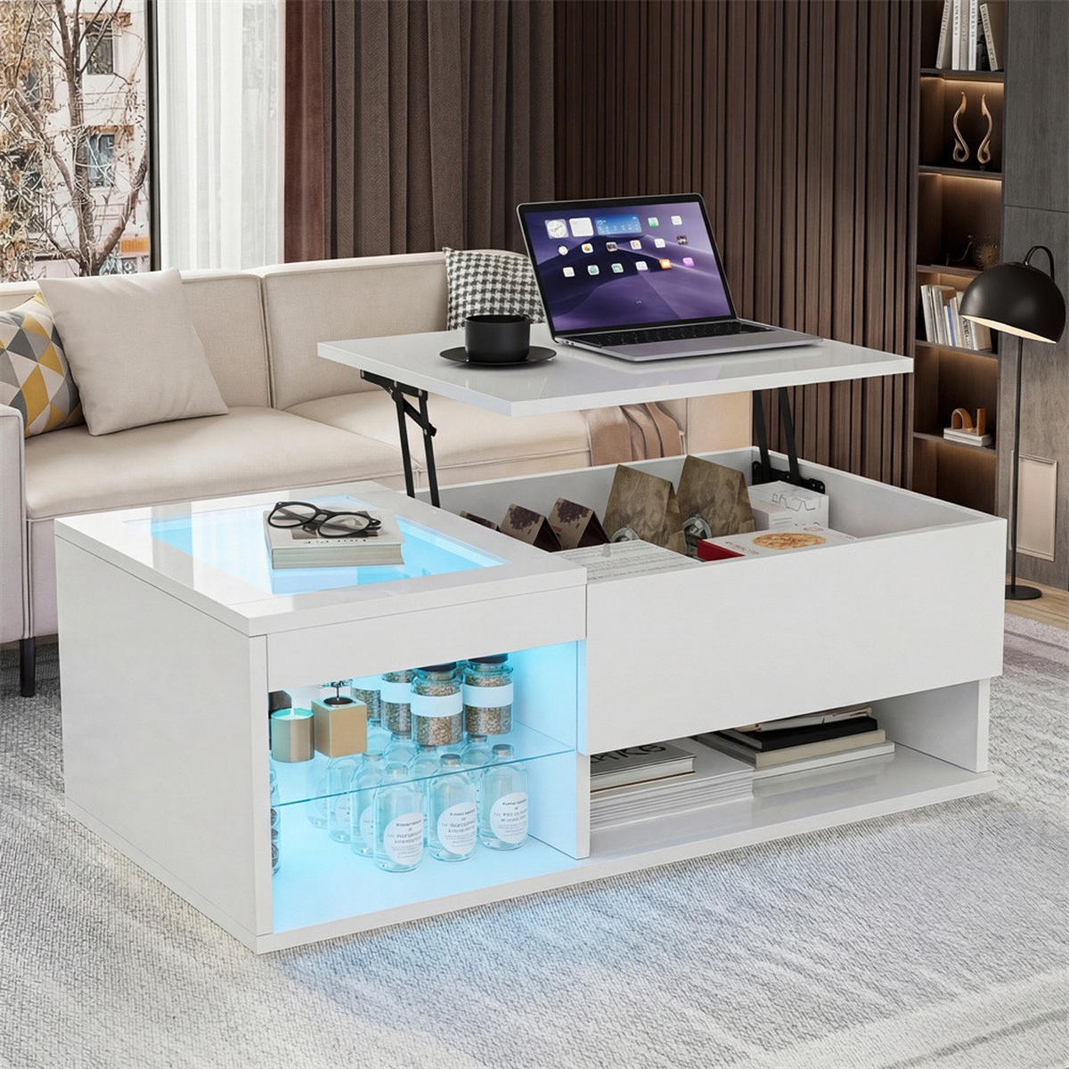 COUCHTISCH Rechteckig - Höhenverstellbarer Couchtisch mit LED - Hochglanz Lift-Top Tisch mit Glasablage - Weiß - Weiß, Holzwerkstoff (55/100/35cm) - DELFA