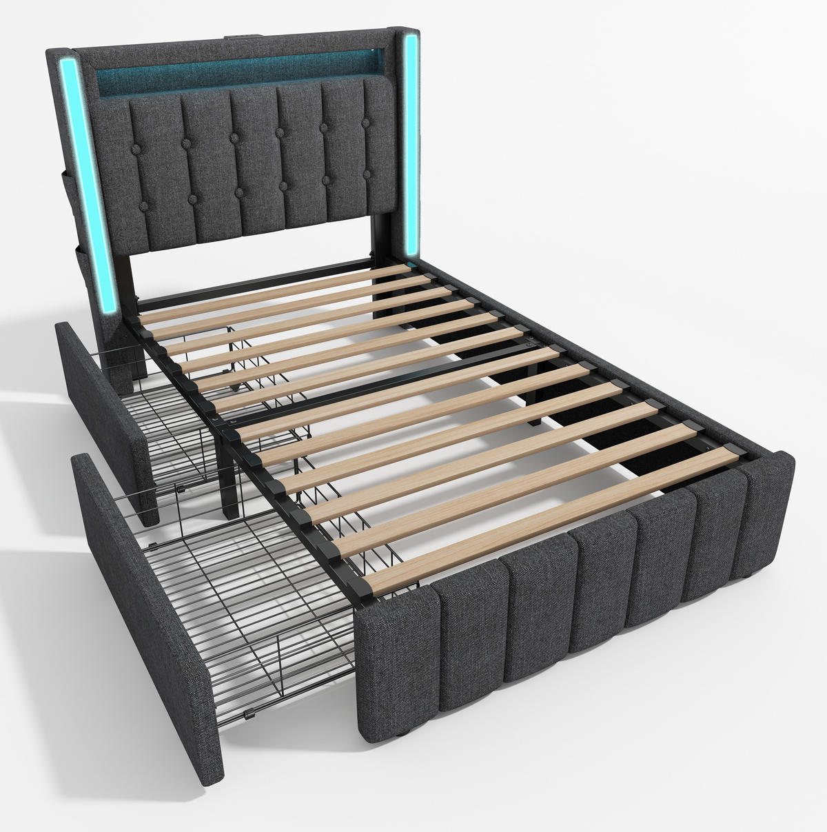 POLSTERBETT aus Leinen 90x200 cm in Grau mit LED-Beleuchtung & Matratze - Grau, Textil (90/200cm) - Modfu