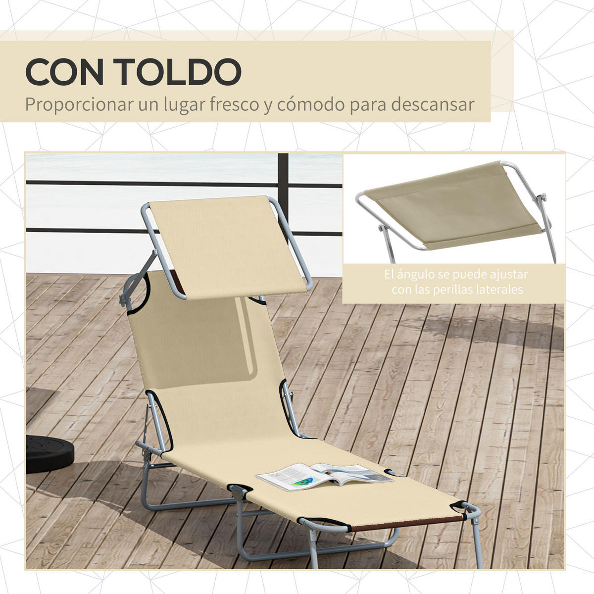 SONNENLIEGE Klappbare Gartenliege mit Sonnendach und verstellbarer Rückenlehne 187 x 58 x 36 cm ,Beige - Beige, Metall (58/36/187cm) - Vallsero