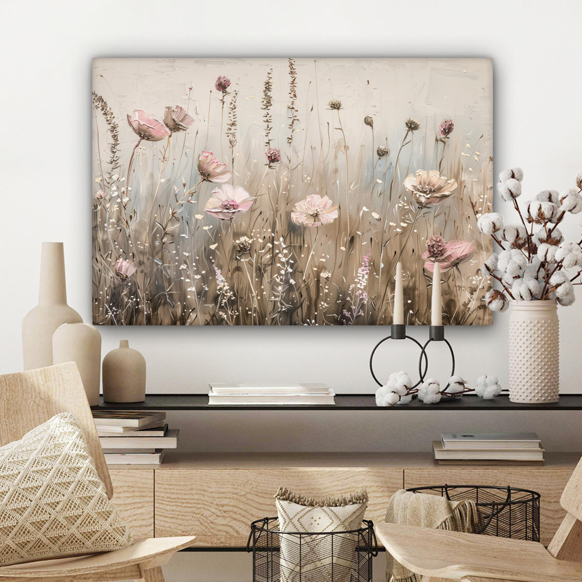 LEINWANDBILD Blumen - Rosa - Modern - Beige Gemälde 60x40 cm - Beige, Textil (60/40cm) - MuchoWow