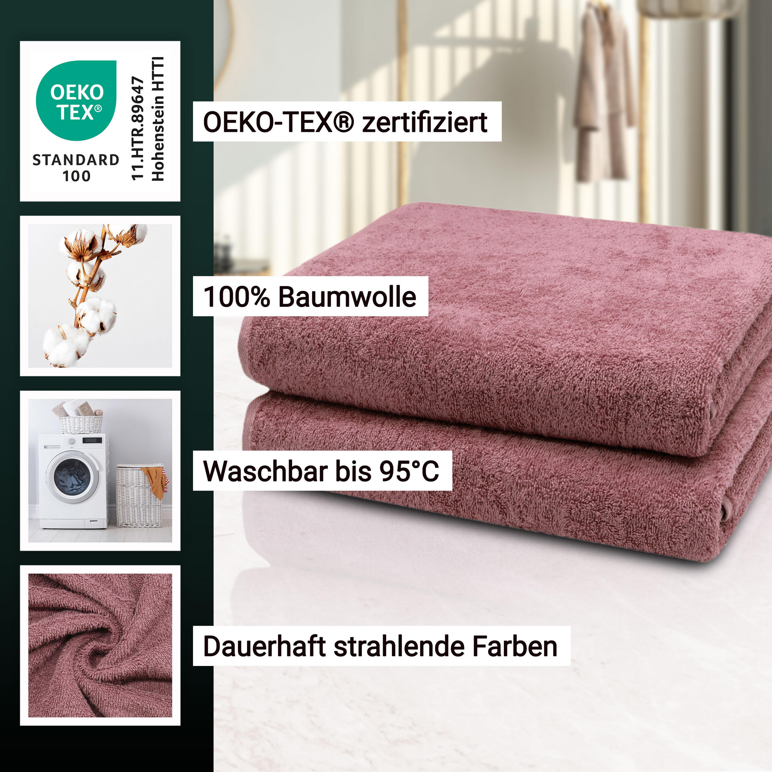 BADETUCH, 2er-Set, 100x150 cm, 100% Baumwolle, Rosa - Altrosa, Textil (100/150cm) - Zollner