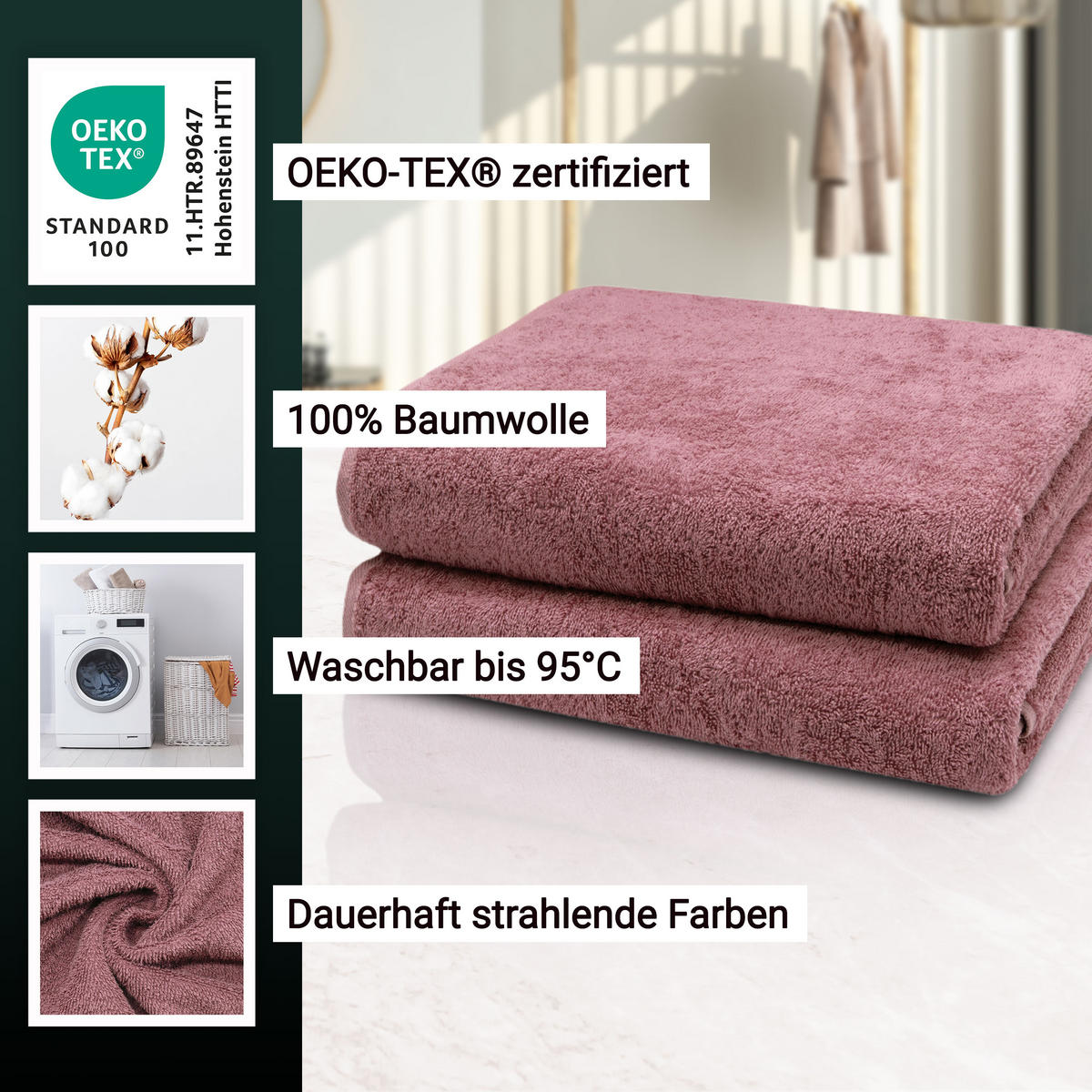 BADETUCH, 2er-Set, 100x150 cm, 100% Baumwolle, Rosa - Altrosa, Textil (100/150cm) - Zollner
