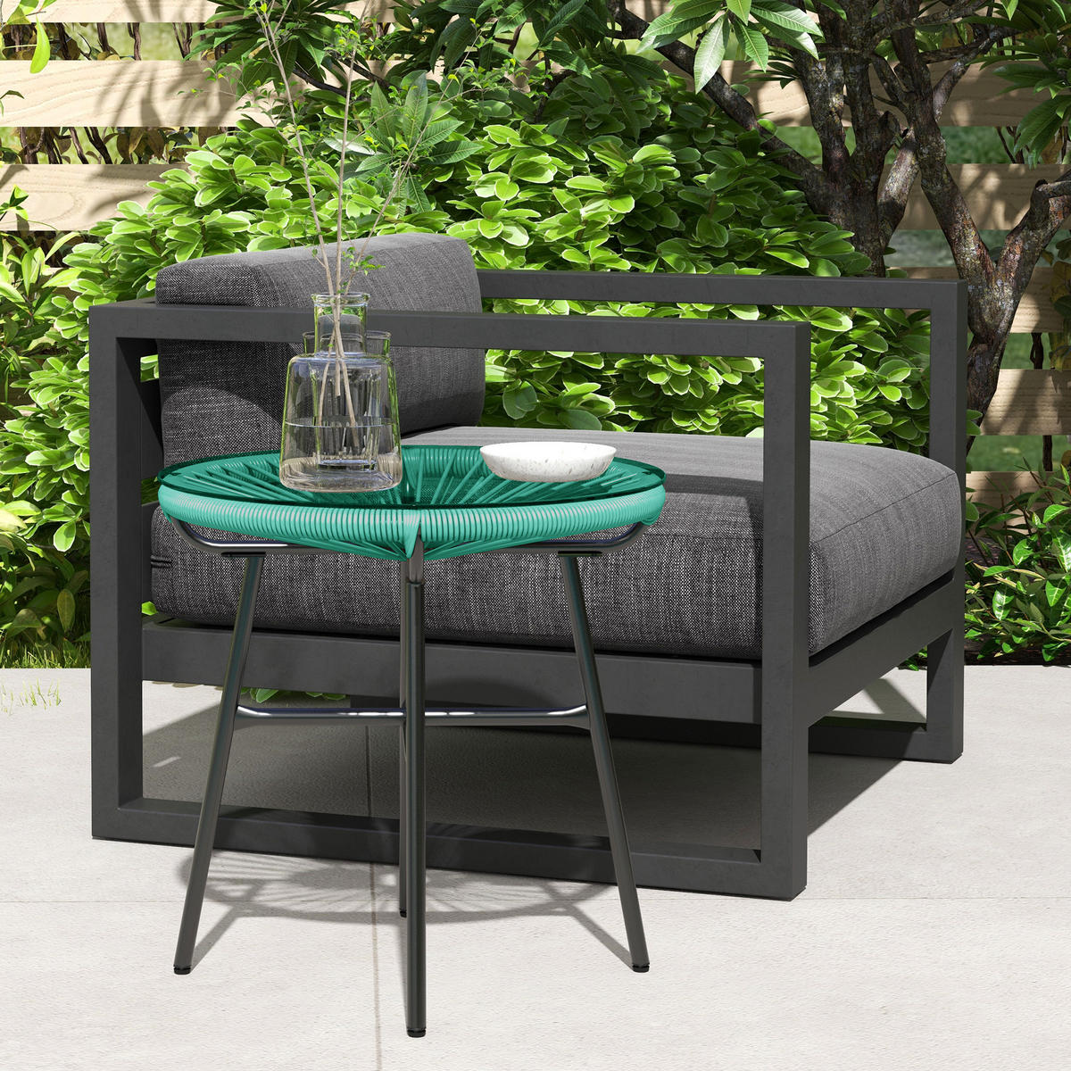 GARTENBEISTELLTISCH DE-13584 rund mit Glasplatte, PE-Rattanoptik Natur - Grün, Metall (50/50/50cm) - ComfortXL