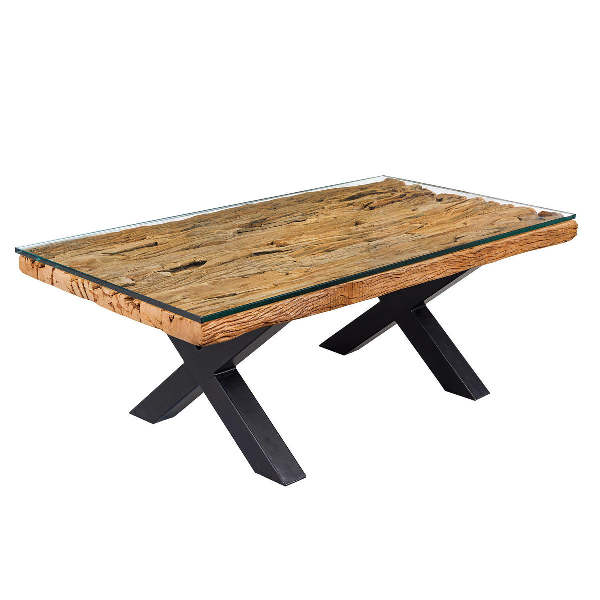 COUCHTISCH BARRACUDA Teakholz rechteckig Braun|Transparent 110cm - Transparent/Schwarz, Glas/Holz (60/110/40cm) - riess-ambiente