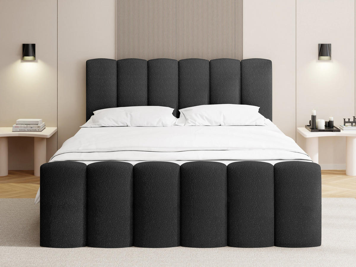 BOXBETT Serenity mit Bettkasten, Boucle Schwarz 200x200 cm – inkl. H4 Taschenfederkern Matratze & Foam Topper - Schwarz, Holz/Holzwerkstoff (200/200cm) - WFL GROUP