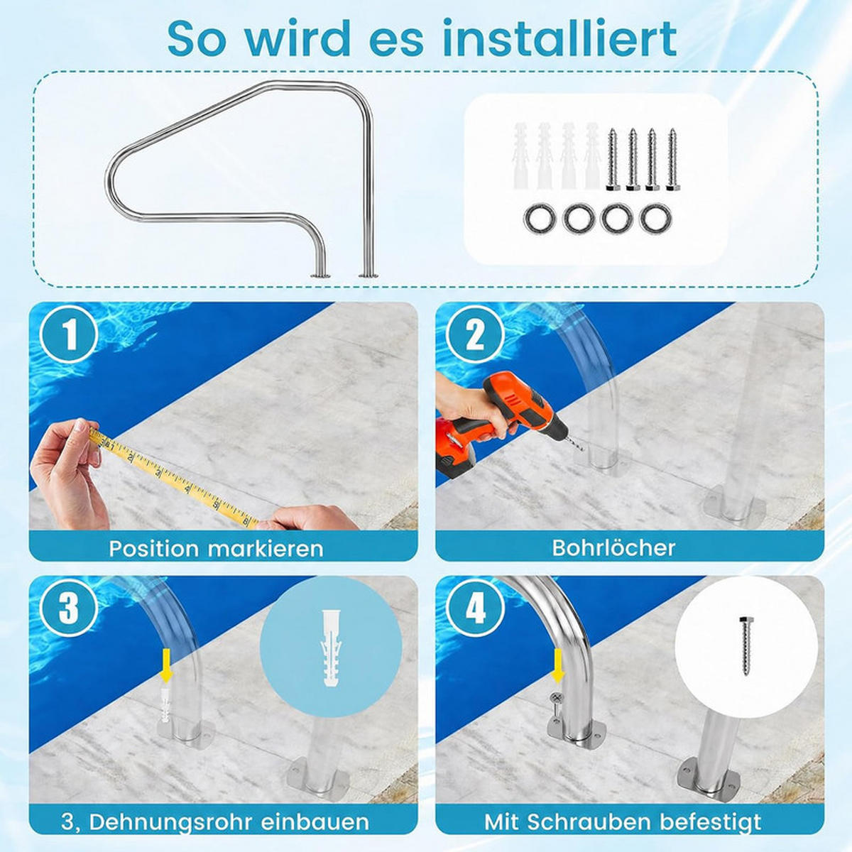 POOLHANDLAUF aus Edelstahl silber - Silberfarben, Metall (130/94/4.8cm) - COSTWAY