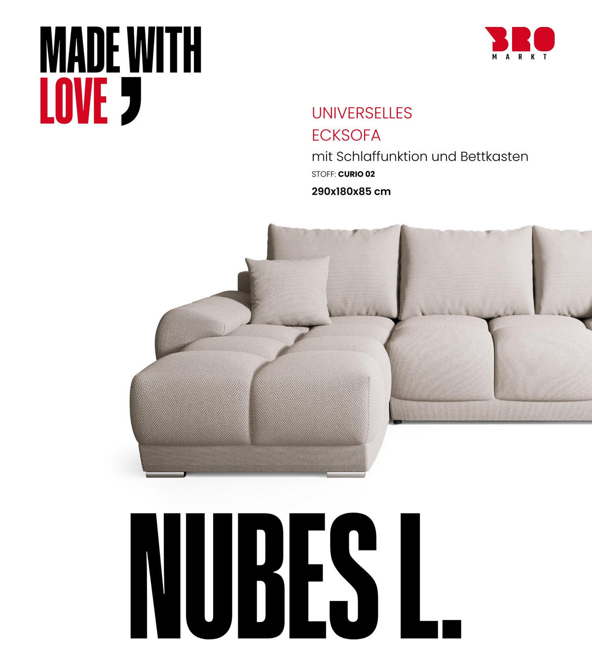 ECKSOFA Nubes mit Schlaffunktion Ecru - Ecru/Silberfarben, Kunststoff/Textil (290/180cm) - Bromarkt